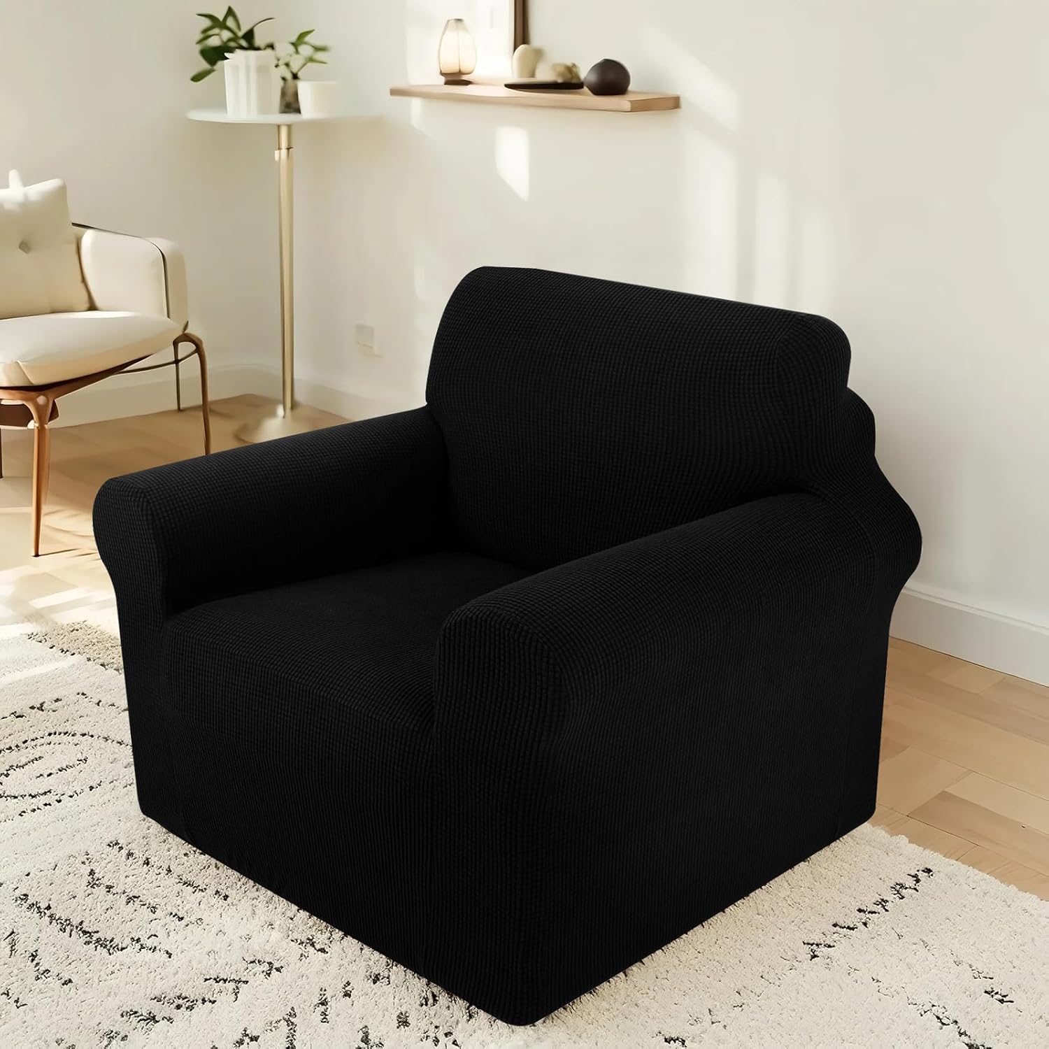 Stretch Couch Cover Washable Sofa Slipcover Furniture Protector with Non Skid Foam and Elastic Bottom for Kids, Dog(Chair/Black)