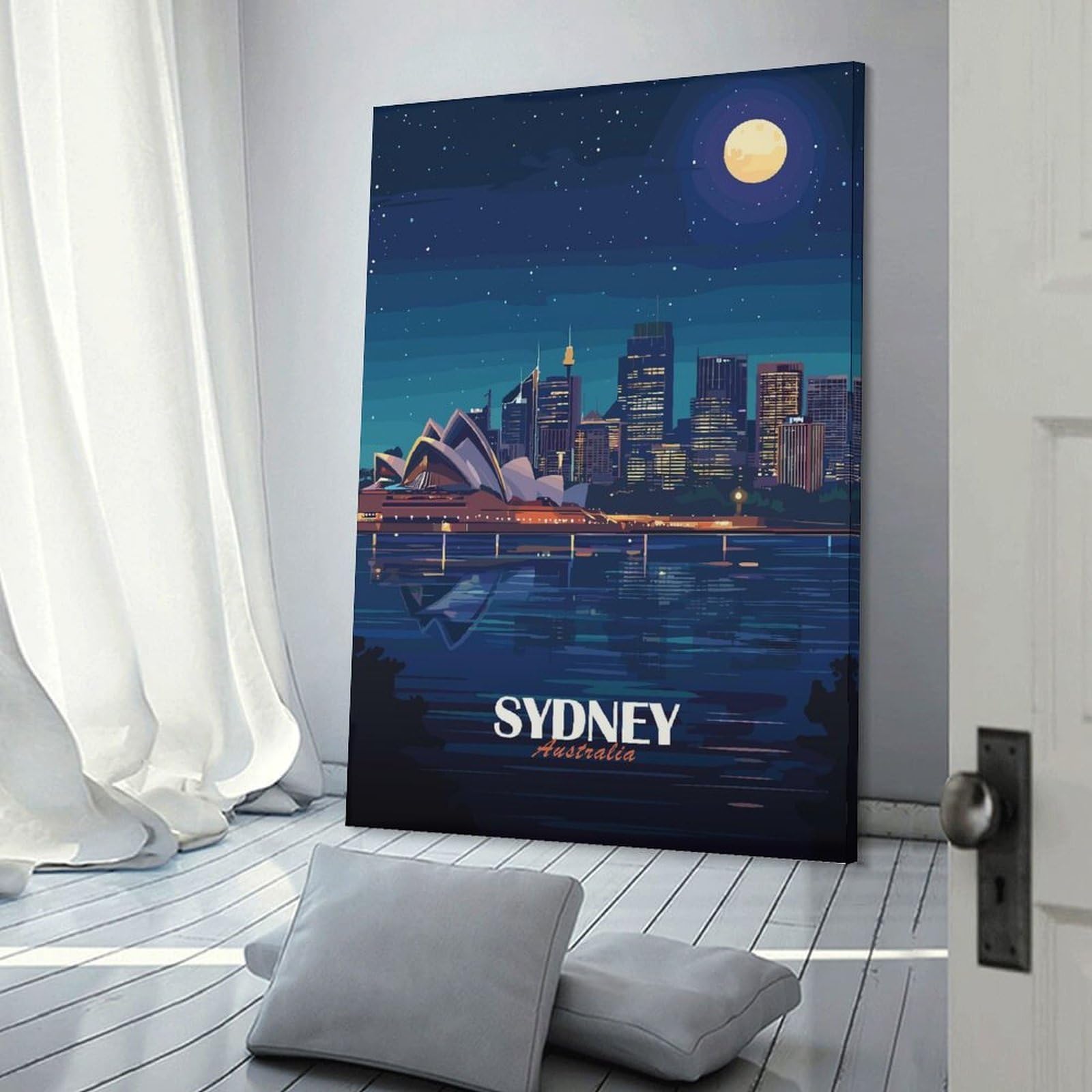 Junmoney Sydney Australia Night Skyline Illustration Wall Art Print, 20x30inch(50x75cm), for Living Room, Bedroom, Office Or Hallway, Canvas Wall Art That Fits Changing Layouts
