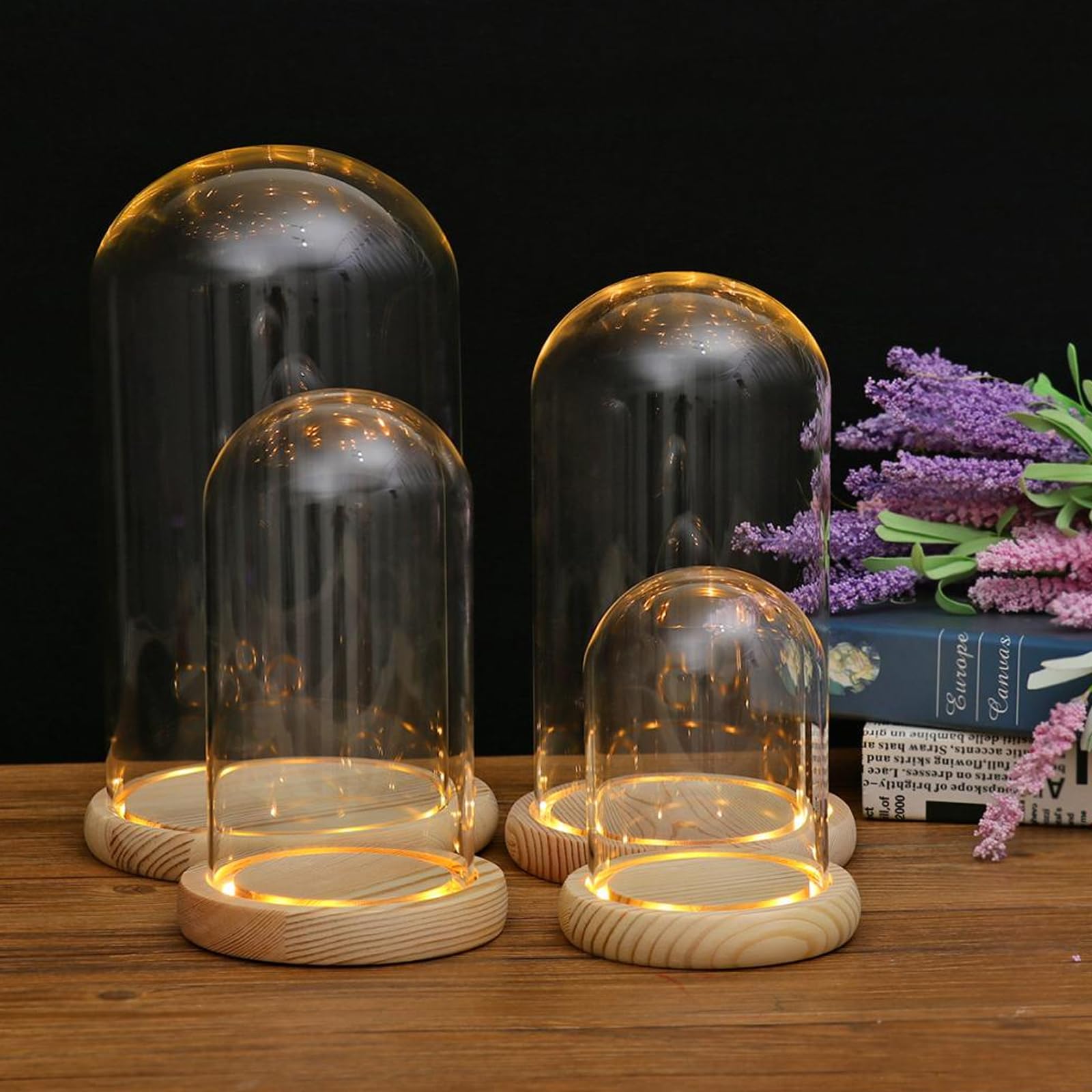 PORFOYO Campana in vetro con fondo in legno, decorazione a cupola di vetro, 12 x 16 cm, per bambole, candele