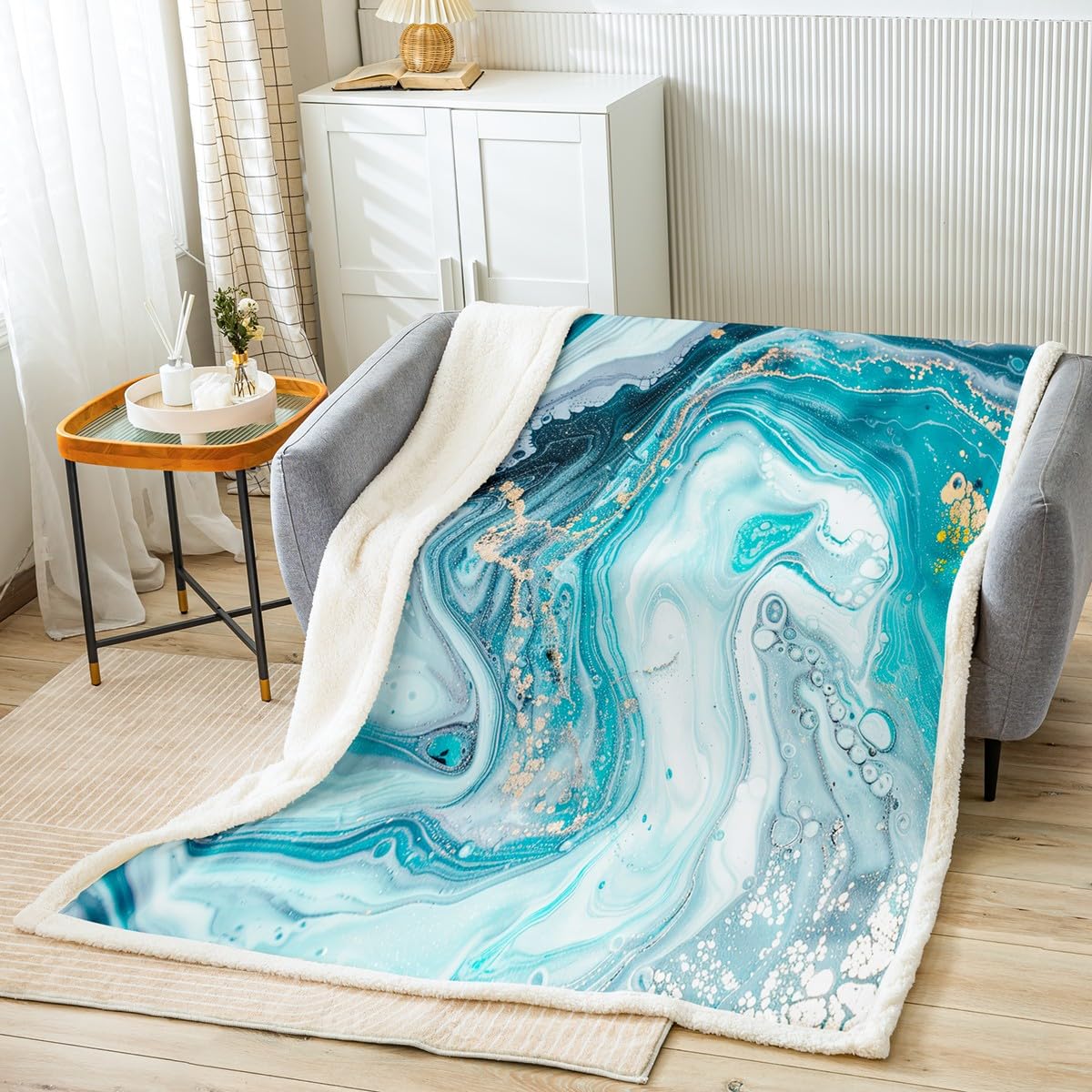 Marble Throw Blanket Teal Blue Golden Marble Sherpa Blanket Abstract Art Plush Blanket for Kids Boys Girls Women Luxury Ocean Swirls Marble Ripples Fuzzy Blanket for Sofa Bed Couch, Queen 90x90 Inch