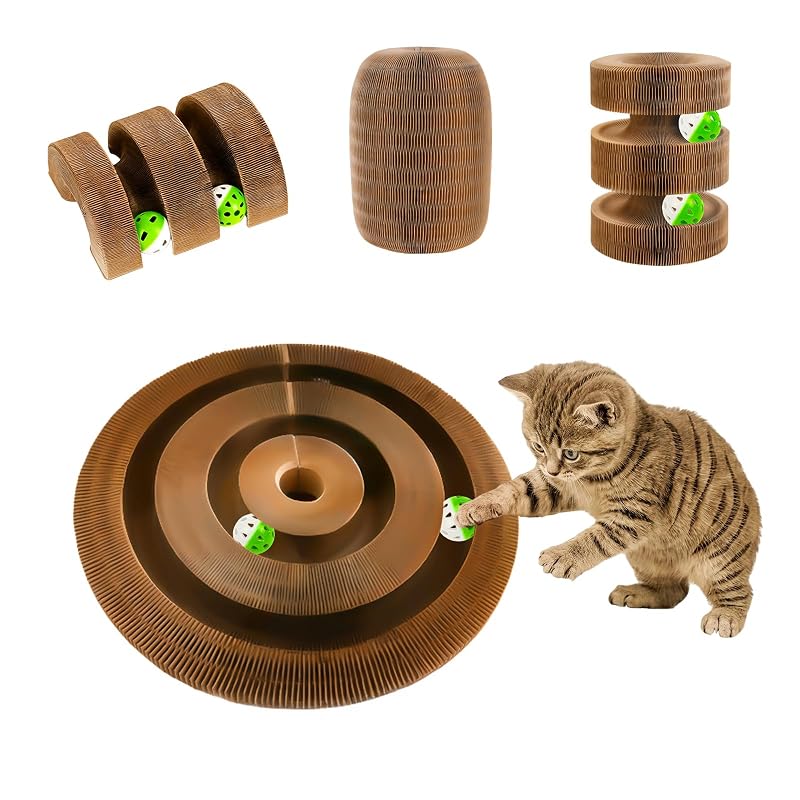 Arranhador para Gatos Kitty Kurls Dobrável de Papelão com 2 Bolas com Sino JICICUXI – Marrom Castanho