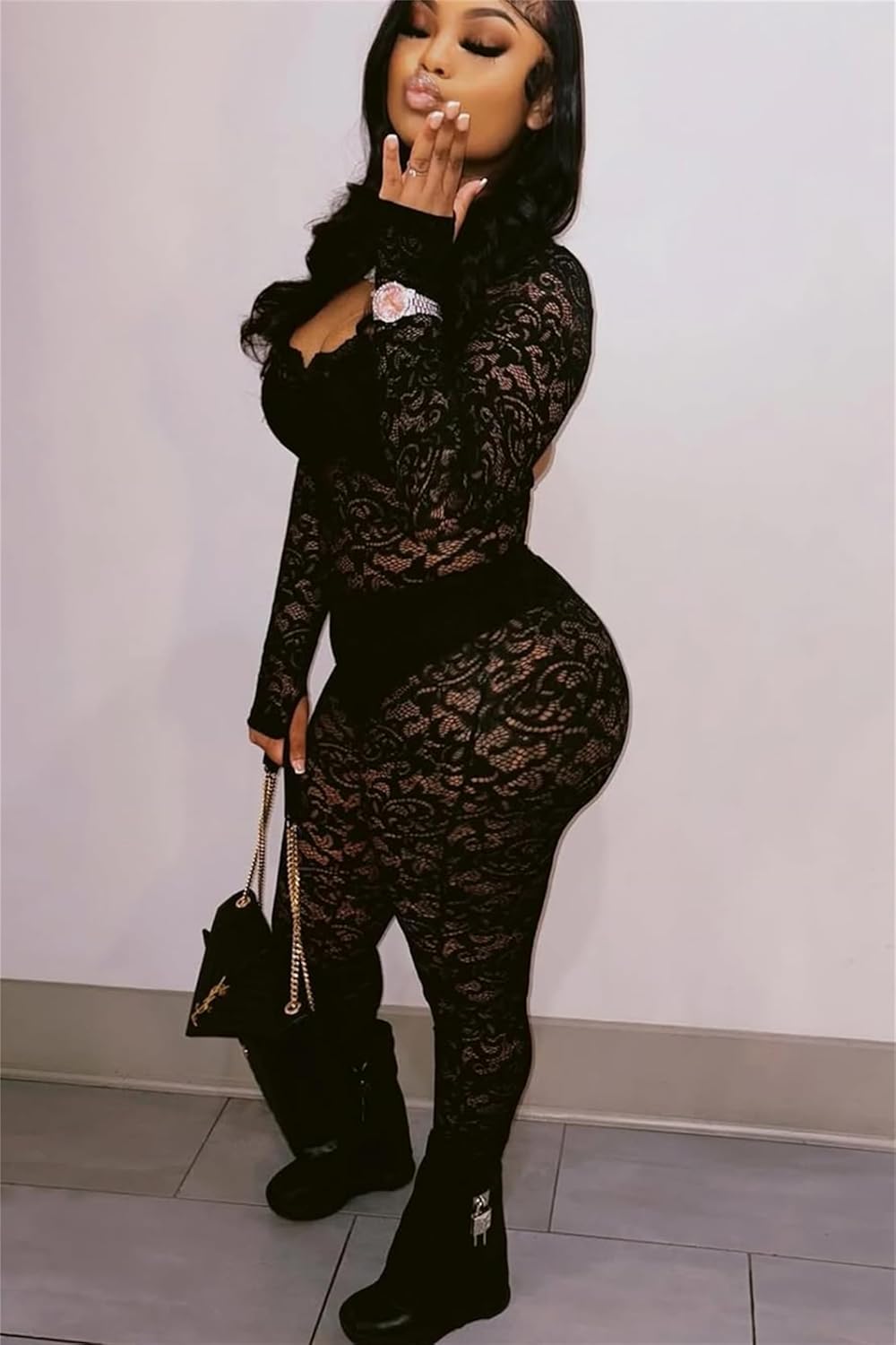 CALEBGAR Sexy 2 Piece Outfits for Women Lace See Through Long Sleeve Backless Bodysuits Bodycon Flared Leggings Set - Image 8