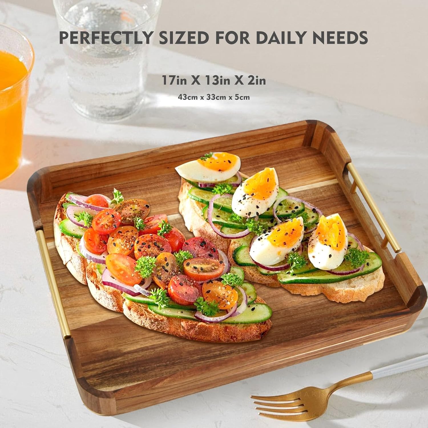 Acacia Wood Serving Tray with Metal Handles, 17x13in Food Drinks Tray for Coffee Table, Breakfast, Dinner & Bar, Natural Decorative Storage Tray for Ottoman, Kitchen, Packaging - Image 3