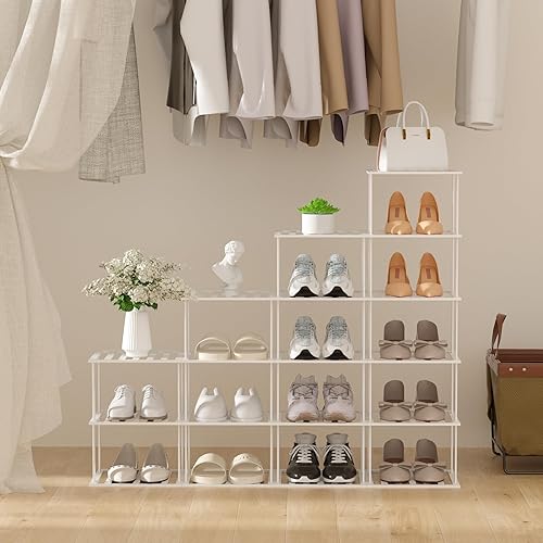 Miniatura 4 de Zapatero de bambú blanco para espacios pequeños, 6 niveles de alto, vertical, estrecho, para armario, soporte apilable para zapatos, soporte para