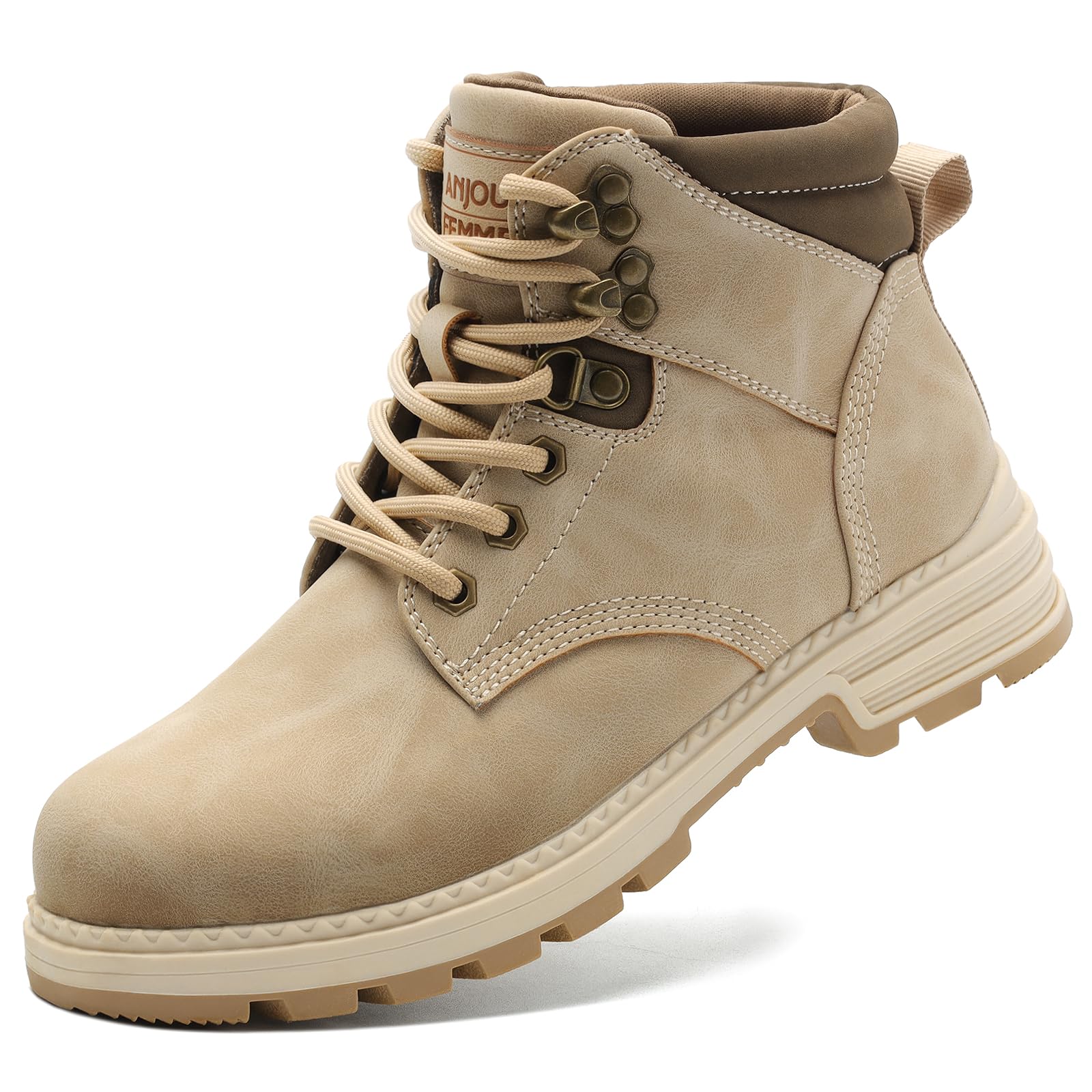 ANJOUFEMME Womens Comfy Outdoor Hiking Boots-Low heels Combat Ankle Boots for Women Non Slip Lace up Winter Shoes