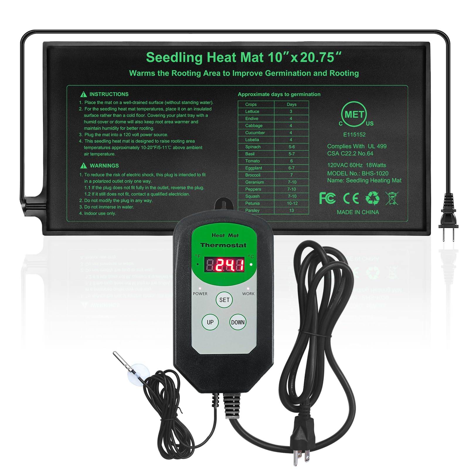 RC SLL Seedling Heating Mat 10" X 20.75" with Digital Thermostat Combo Kit,MET Warm Hydroponic Plant Heat Mat, Plant Heating Pad for Indoor Growing