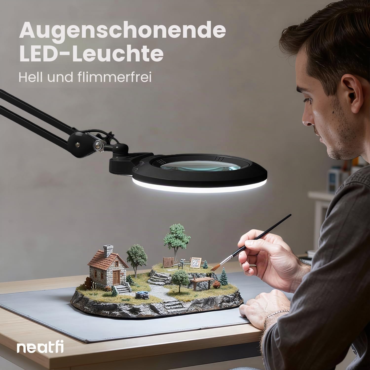 Neatfi XL Bifokale LED-Lupenleuchte, 2,25-fache/6-fache Vergrößerung, 1.600 Lumen dimmbar | freihändiges Arbeiten im Nahbereich | Für Basteln, Schmuckarbeiten & Lesen (Schwarz, 18 cm Linse)