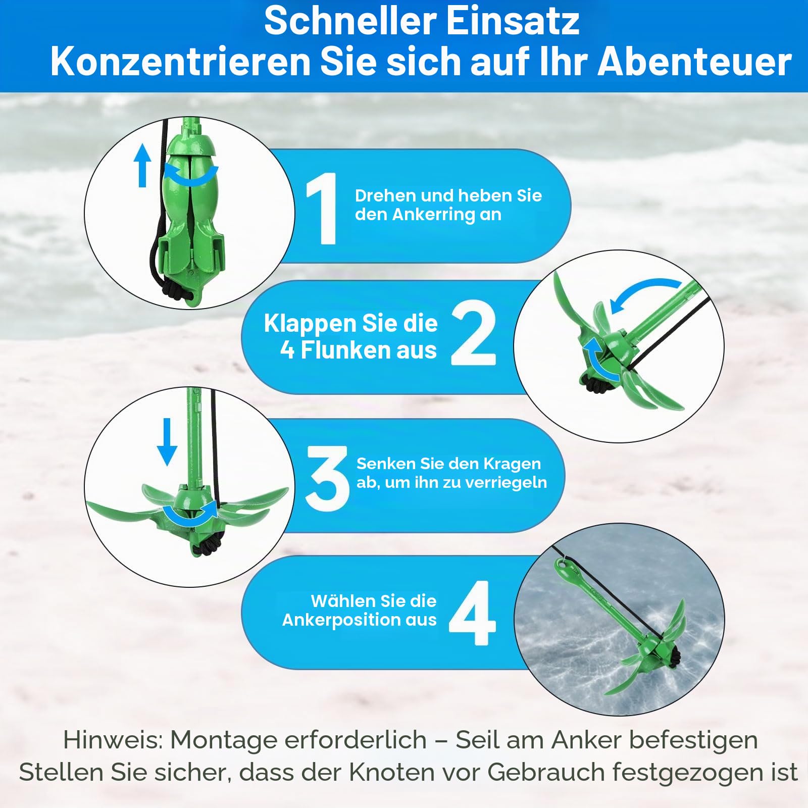 Alpinista Kajakanker, 1,6 kg, tragbar, faltbar, mit 12,2 m langem Seil für Kajak, Kanus, Angeln und Paddelbrett-Zubehör, Grün