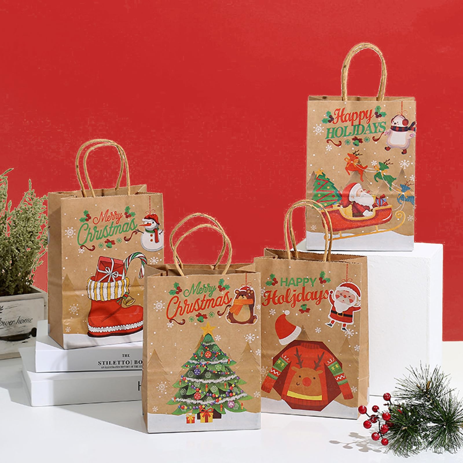 Lot De 24 Sacs Cadeaux De Noël, 33 X 26 X 12 Cm, Sacs Cadeaux En Kraft Avec Poignée Pour Fête De Noël, Décorations De Vacances De Noël