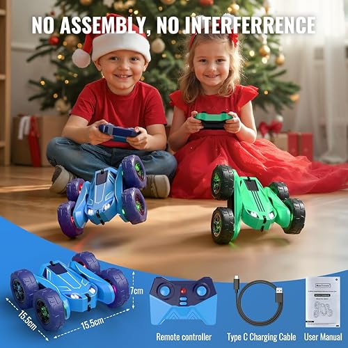 Miniatura 5 de MaxTronic Coche de control remoto, autos RC recargables y control remoto 12.4 mih de doble cara rotación de 360 con luces LED para niños y niñas de