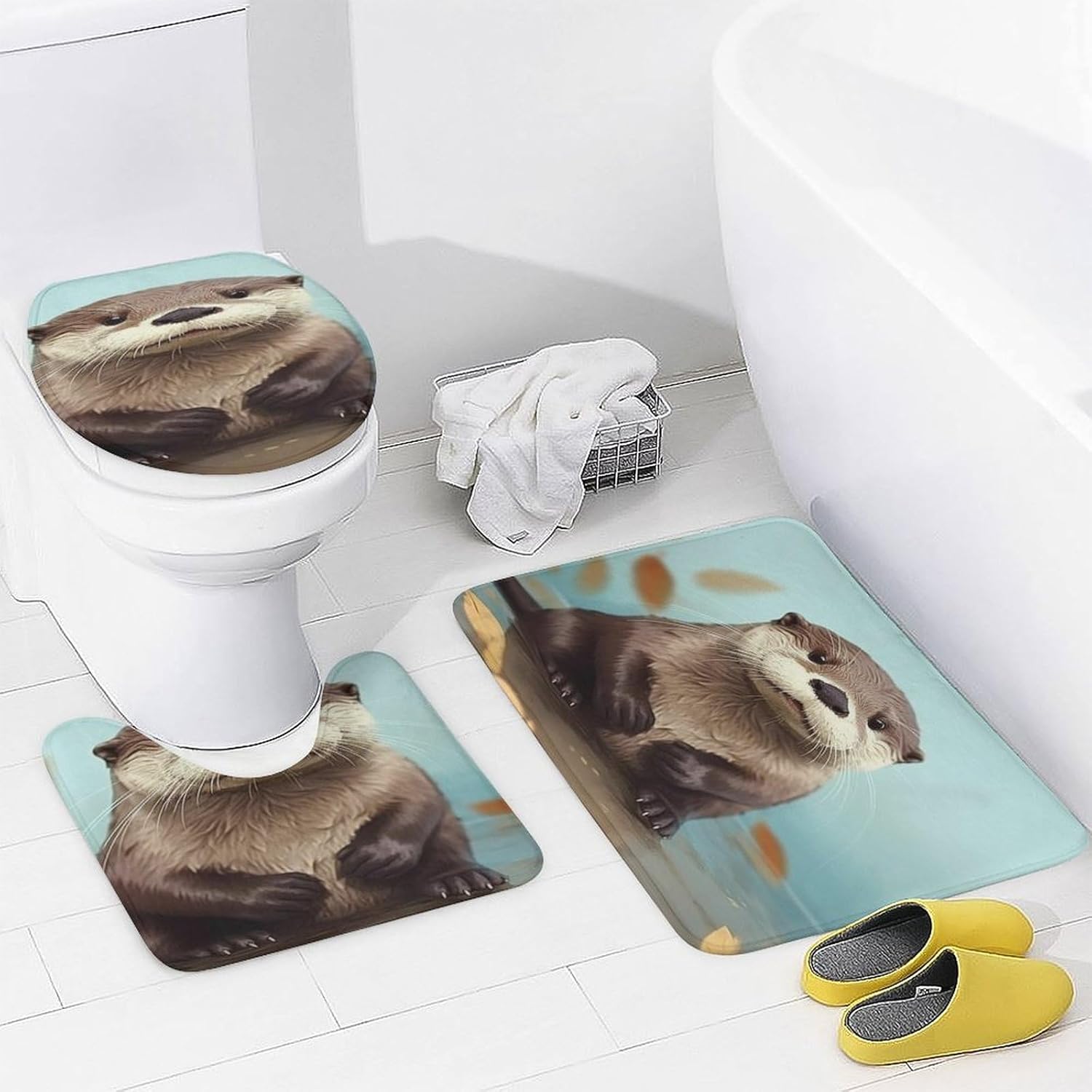 Four Piece Bathroom Set with Toilet Lid Cover and Non-Slip Rugs Minimalist Shower Curtain for Bathroom Set