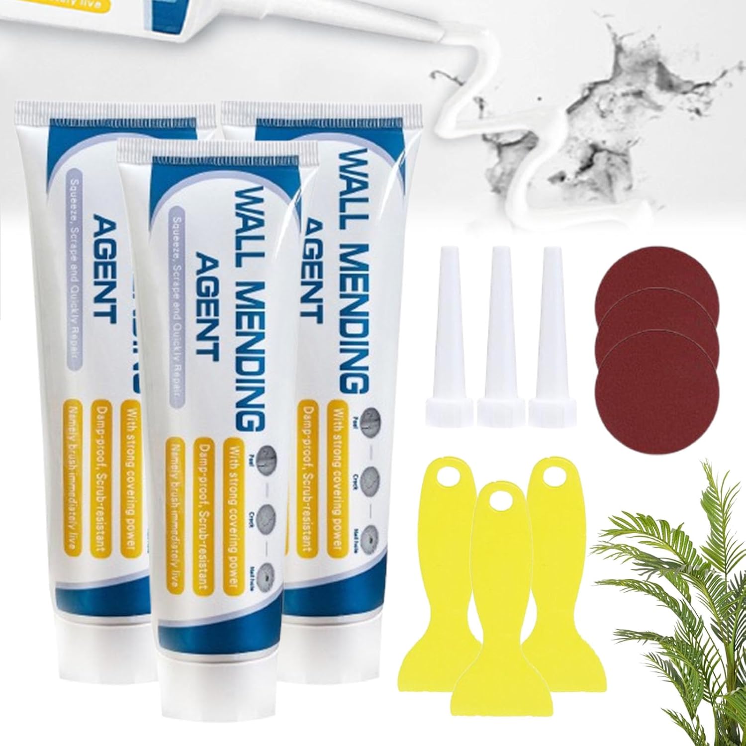 Efficient Drywall Repair Kit with Scraper, Wall Mending Agent Repair Kit, Multi-Functional Drywall Patch Paste for Filling Graffiti, Holes and Crack Surface, Waterproof and Self-Adhesive (3pcs-150g)