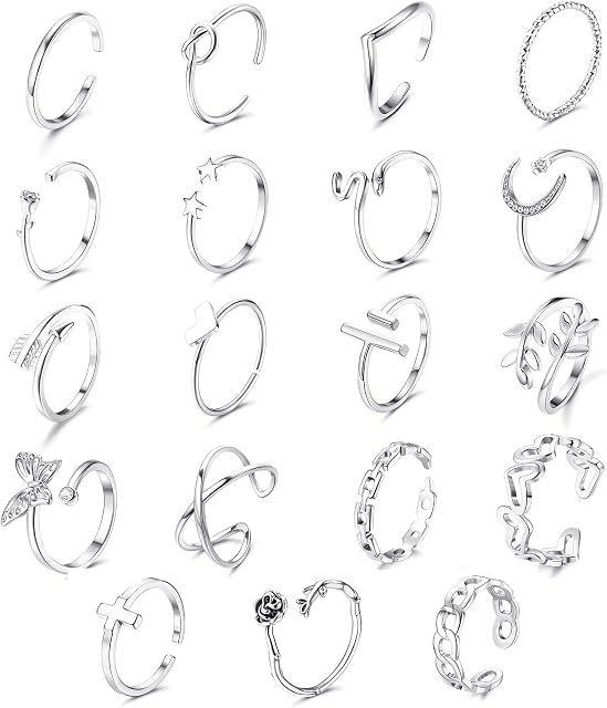 JeryWe 20PCS Adjustable Rings Set for Women Cute Simple Butterfly Plated Knot Arrow Heart Hug Finger Rings Stackable Thumb Open Rings Set for Teen Girls Plus Size