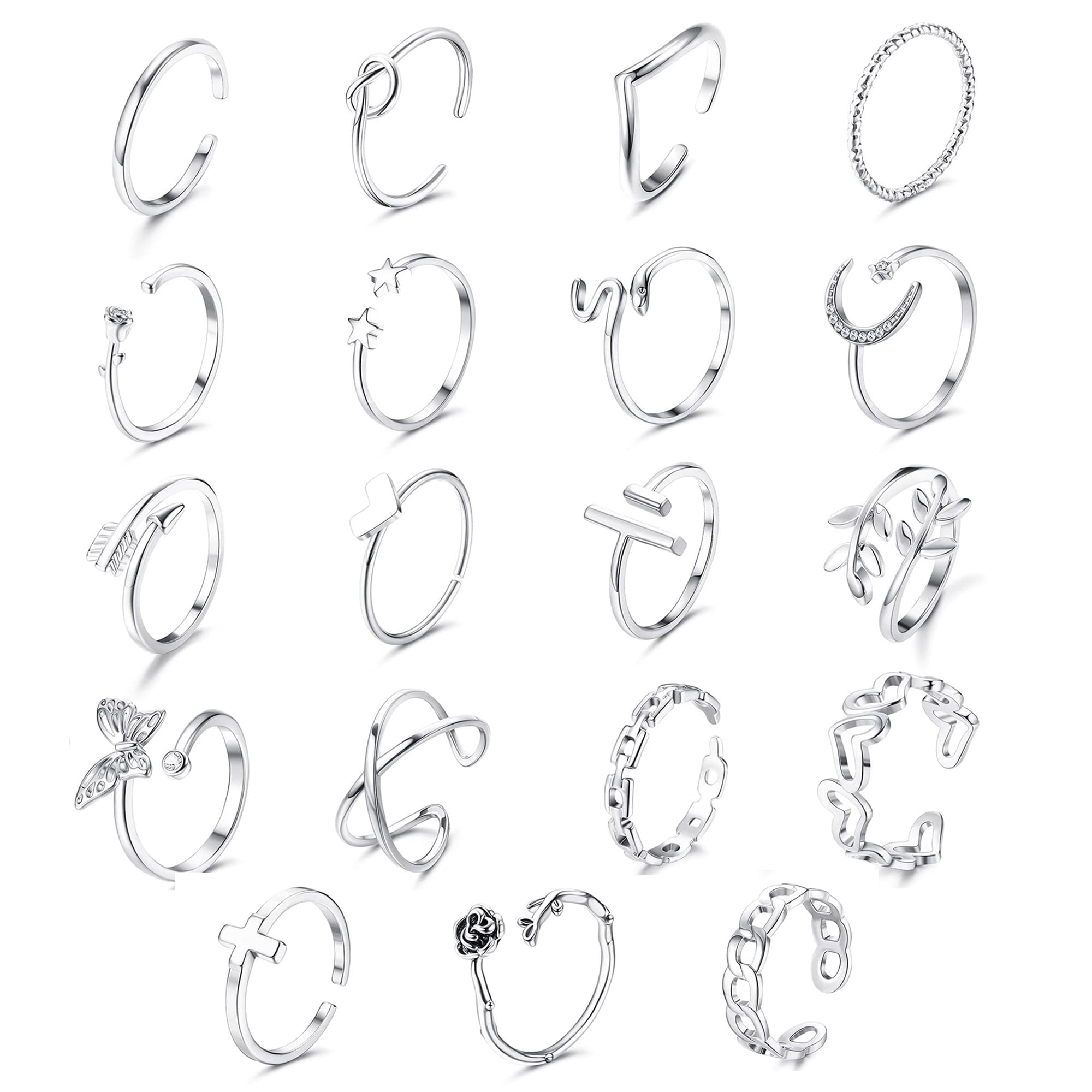 JeryWe20PCS Adjustable Rings Set for Women Cute Simple Butterfly Plated Knot Arrow Heart Hug Finger Rings Stackable Thumb Open Rings Set for Teen Girls Plus Size