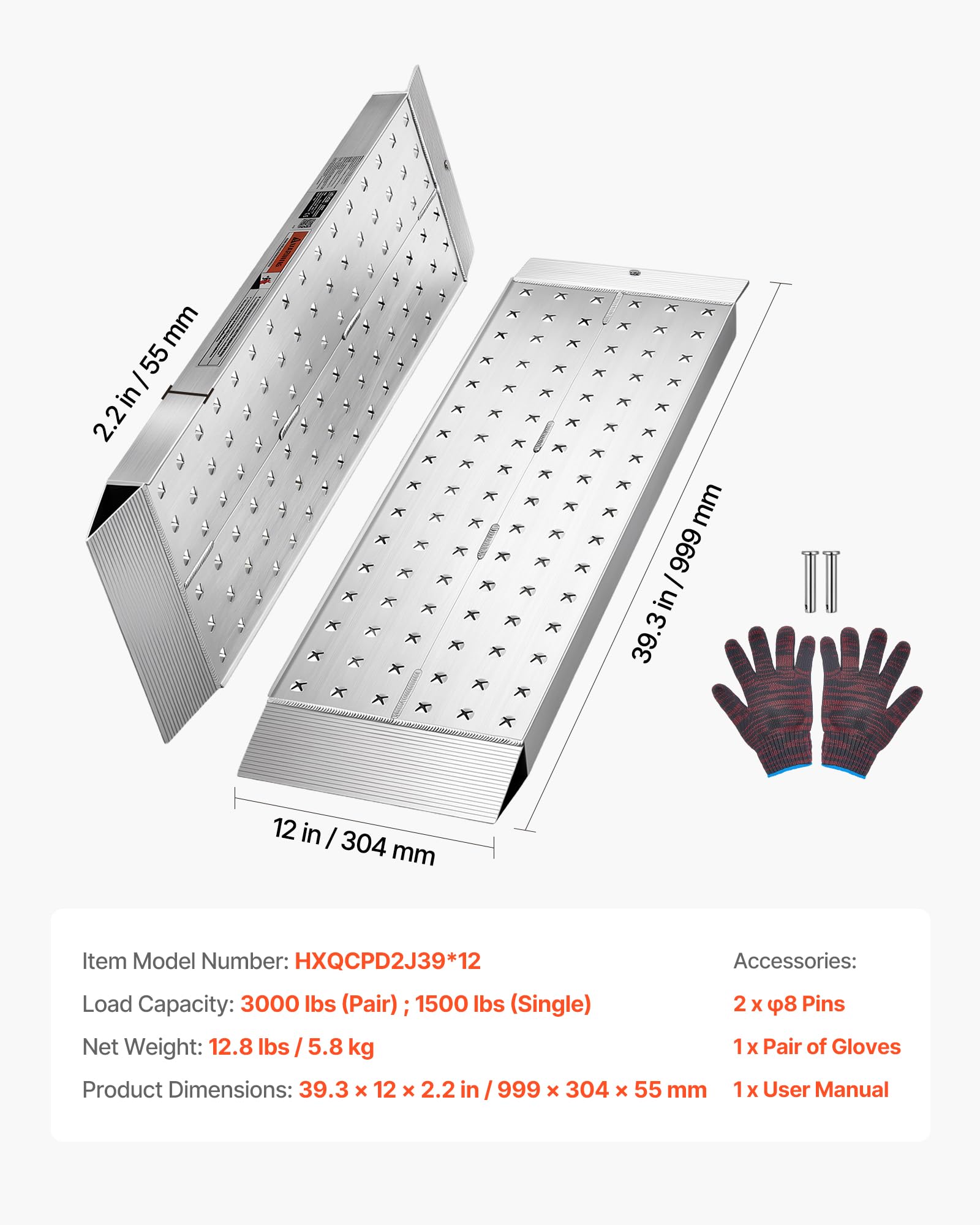 VEVOR Rampas de Carga de Aluminio para Remolques 2 Piezas, Rampas para Tractor 999 x 304 x 55 mm, Superficie Antideslizante, Capacidad Combinada de 1360 kg, para Motocicletas, Cortadoras de Césped