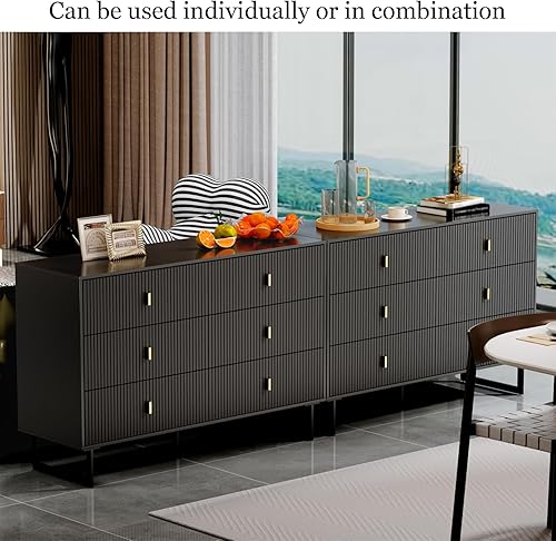 Miniatura 7 de Chrangmay Cómoda negra de 6 cajones para dormitorio, cómoda doble grande con cajones anchos, cómoda moderna, organizador de almacenamiento, cómoda