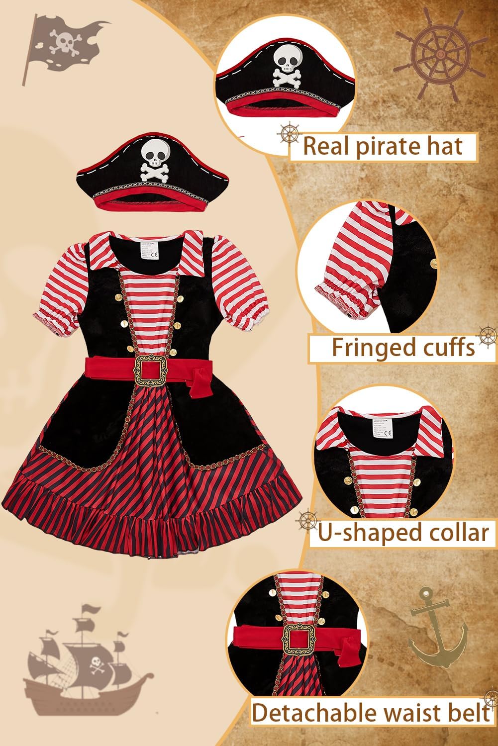 Pirate Costume Kids Deluxe Girls Pirate Dress Hat Belt Halloween Cosplay Outfits - Image 4