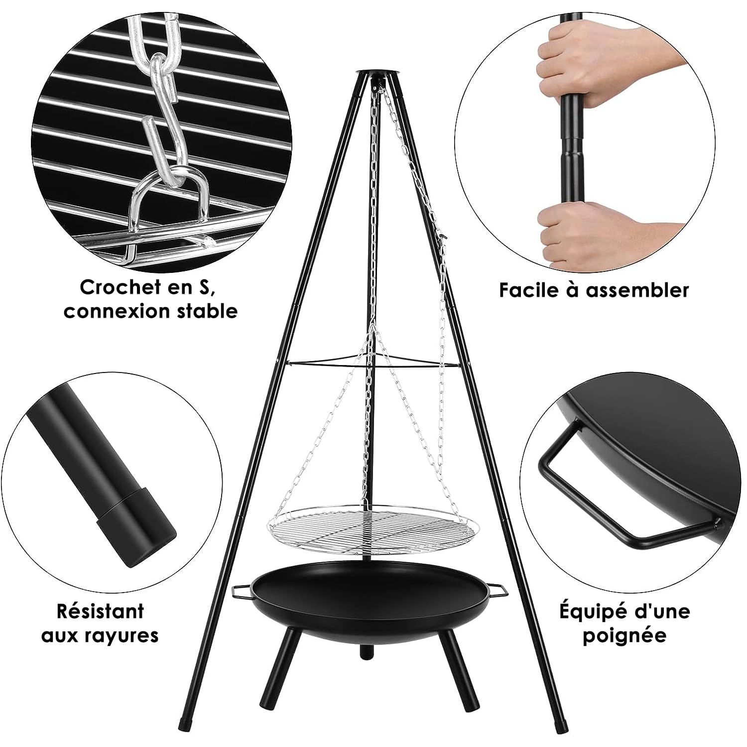 Brasero exterieur avec Gril Suspendu, Ø60cm, Gril Pivotant Barbecue, 200 cm Chaîne Réglable en Hauteur et 152cm Trépied