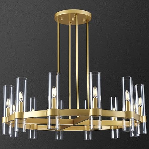 Candelabro redondo de latón de 12 luces de 36 pulgadas con rueda de vagón para comedor, lámpara de tubo de vidrio transparente, candelabros modernos