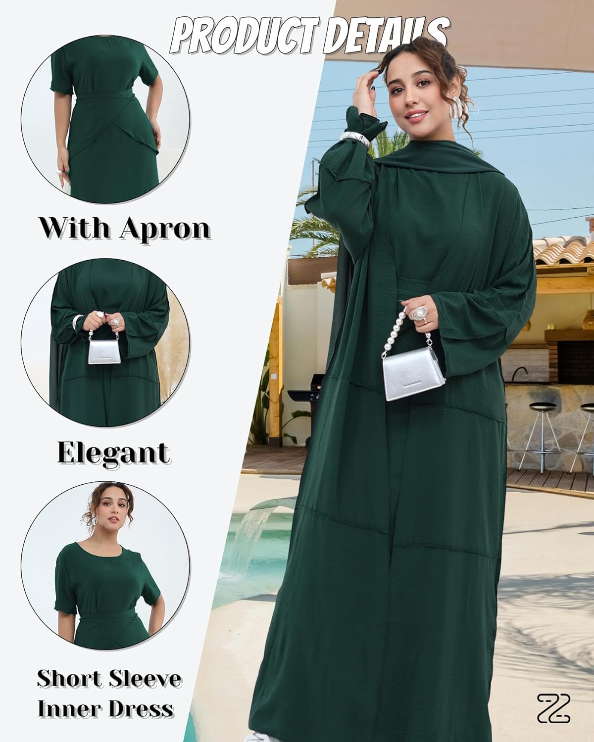 Abaya Muslim Prayer Dress Set Ramadan Open Front Islamic Clothing 3pcs Prayer Robe with Waist Apron Loose Flowy