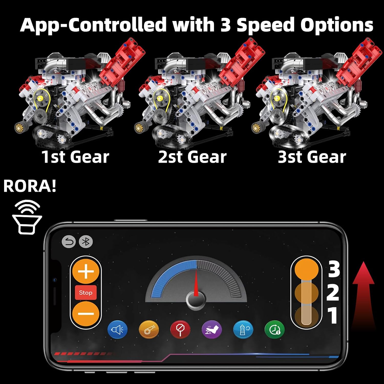 App control interface for V8 engine with speed options