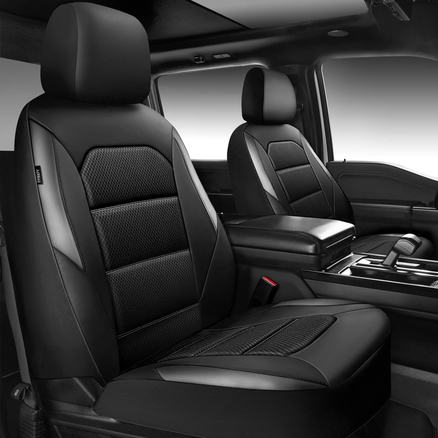 CAR PASS Memory Foam Car Seat Covers,Air Cool Mesh Thick Seat Covers Front Seats,Gray Metal Film Leather Seat Cover for Car,Universal Automotive Comfort for Most Car,Truck,Airbag Compatible,Black/Grey