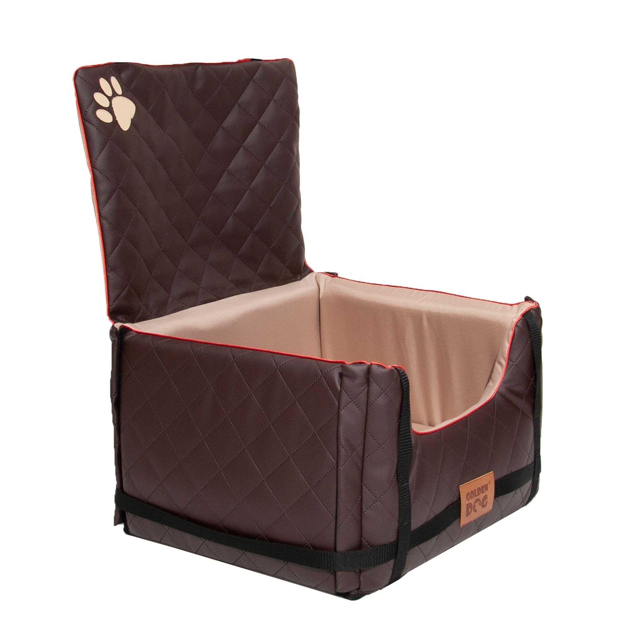 Golden Dog - Transportín para perro con cinturón de seguridad M-52 x 44 x 33 cm - Piel sintética para asiento de coche para perro, resistente al agua, asiento del copiloto, caja para perros, plegable,