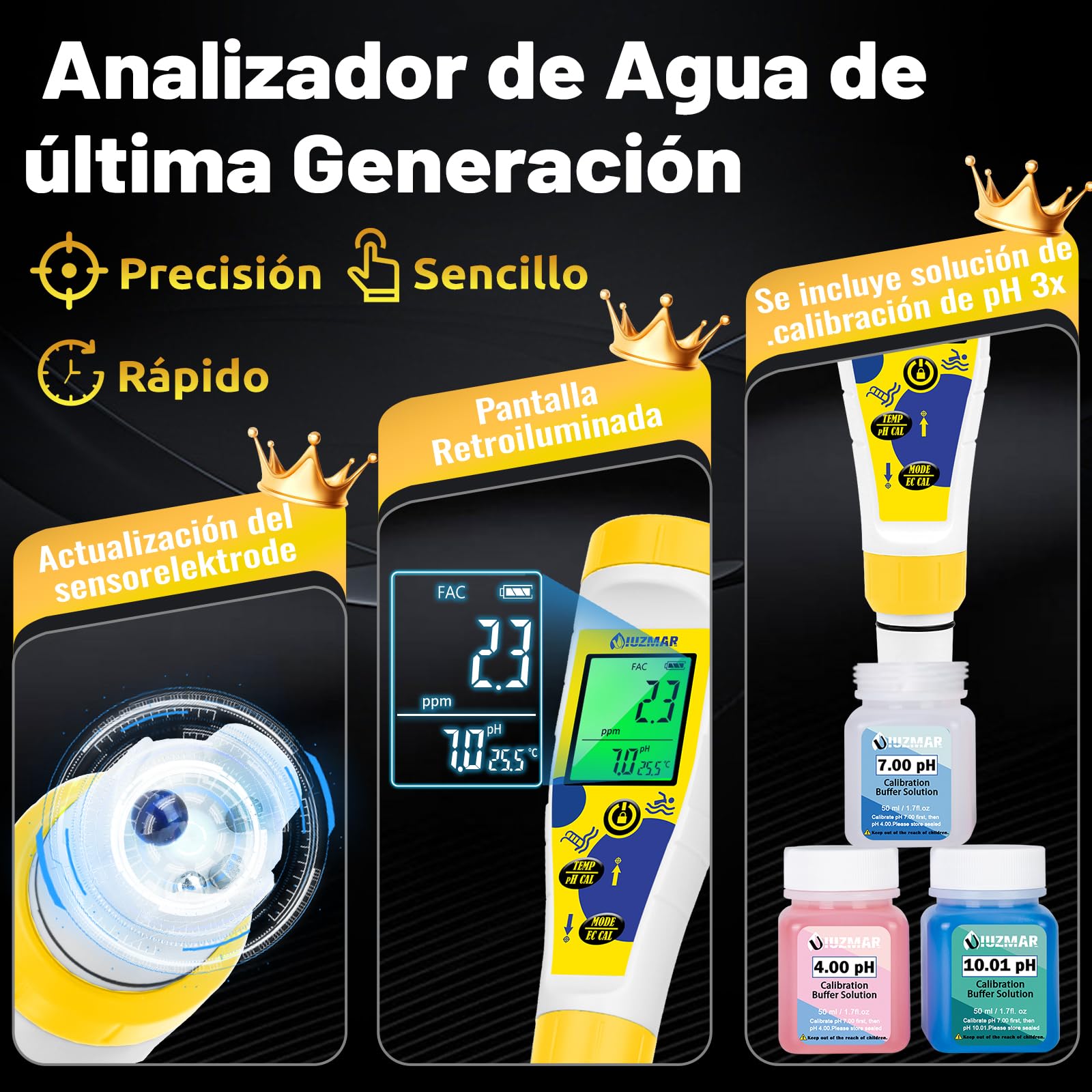 UIUZMAR Medidor Cloro y pH Sal Piscinas Digital, Salinidad Piscina Salina | Muestra Simultáneamente pH/CL/Temp, 7 en 1, Medición de pH, EC, TDS, Sal, Cloro Residual, ORP y Temp Acuarios Spa