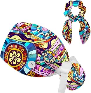FVQL 2 Pieces Surgical Cap for Long Hair Scrub Cap with Hairband Nurse Cap, Tribal Pattern Floral Abstract Colorful