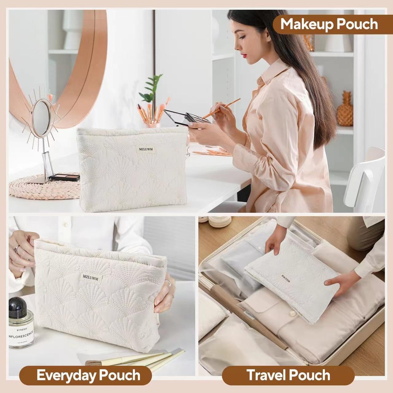White Cotton Quilted Makeup Pouch，Cute Puffy Coquette Makeup Bag,Floral Cotton Quilted Cosmetic Bag for Women and Girls,Makeup Organizer Bag Zipper Pouch (White Shells)