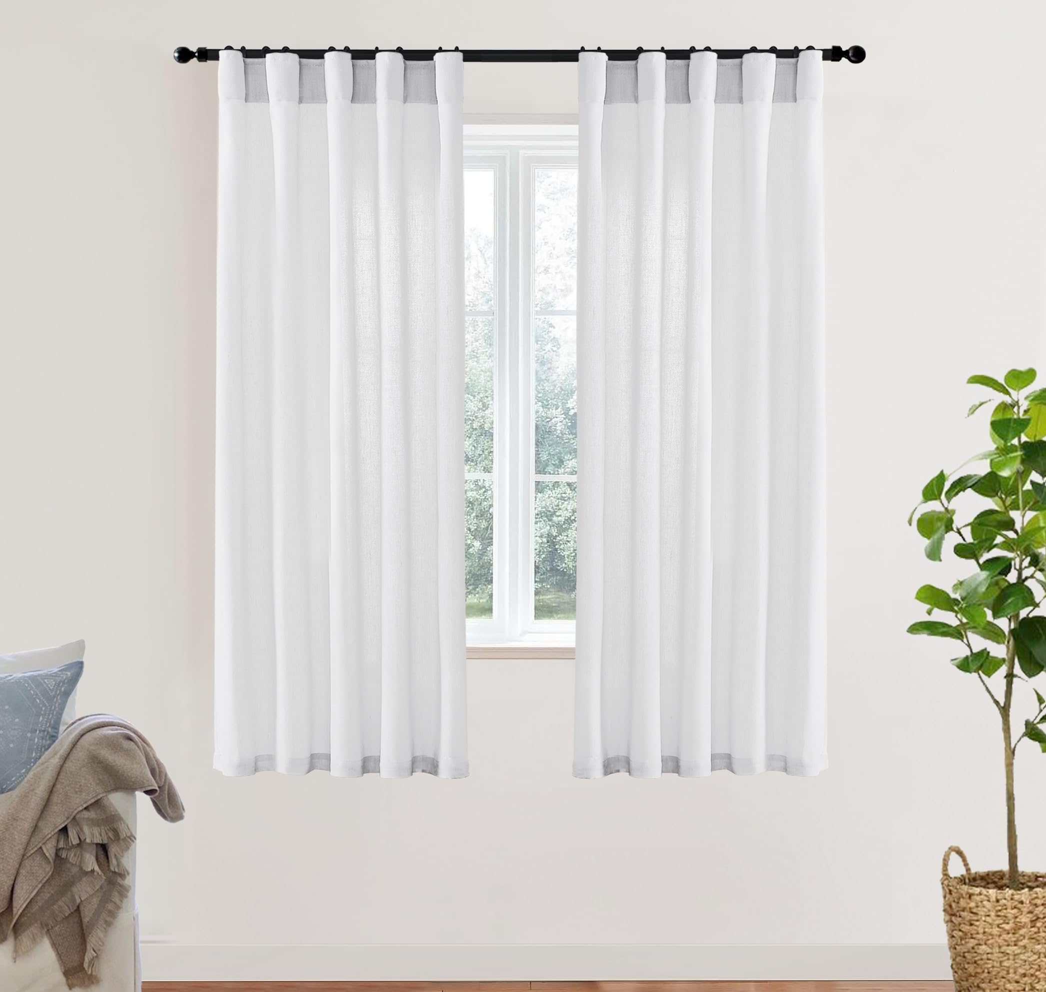 XTMYI White Sheer Curtains 68 Inches Long for Bedroom Living Room Dining Room,Linen Cotton Privacy Curtains for Kitchen Bathroom,40x68 Inch Length 2 Panels Set