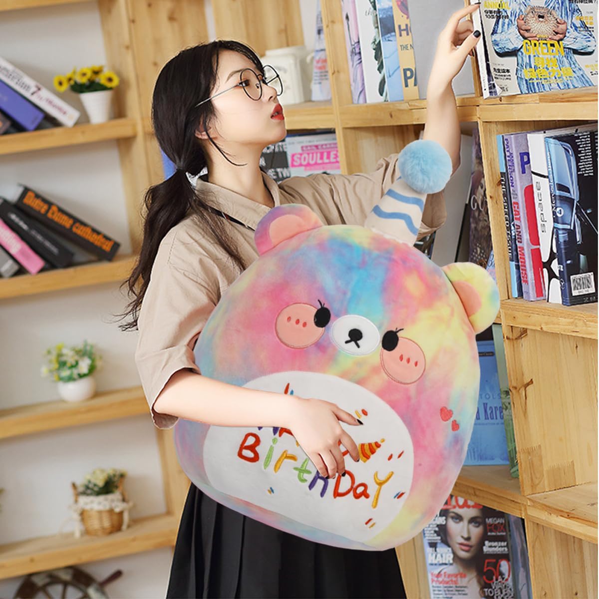 ARELUX Jumbo 18in Cute Color Bear Cuddle Plush Soft Stuffed Animal Large Birthday Pillow Kids Huggable Bear Plushie Toy Big Size Happy Birthday Party Decoration Plushies Gift for Friends Boys Girls