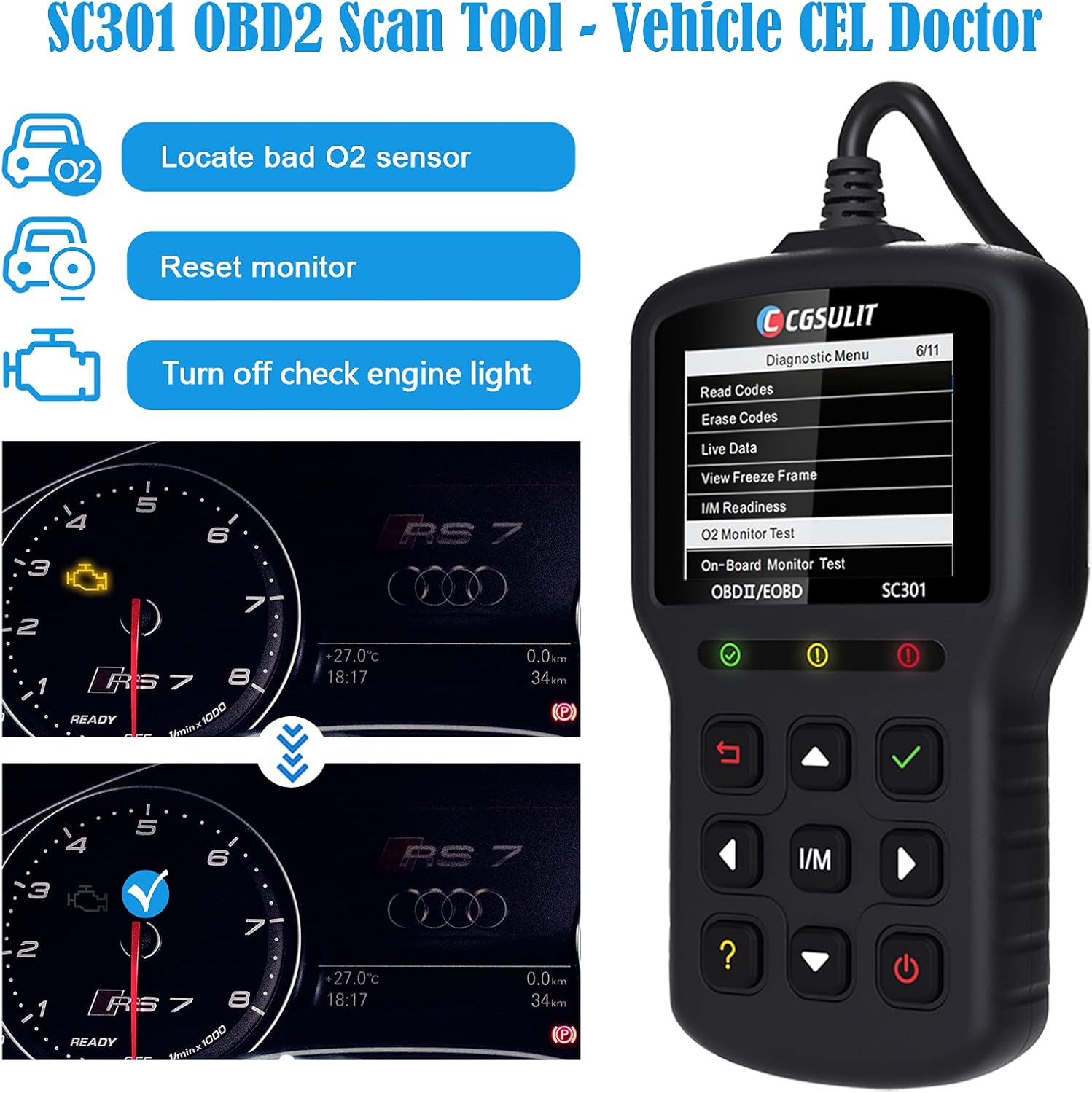 CGSULIT OBD2 Scanner Car Code Reader, SC301 OBDII Diagnostic Scan Tool for Vehicles Check Engine Light, Emission Analyzer, O2 Sensor Test, Smog Check, Car Health Monitor and Repair Tool, Black : Automotive