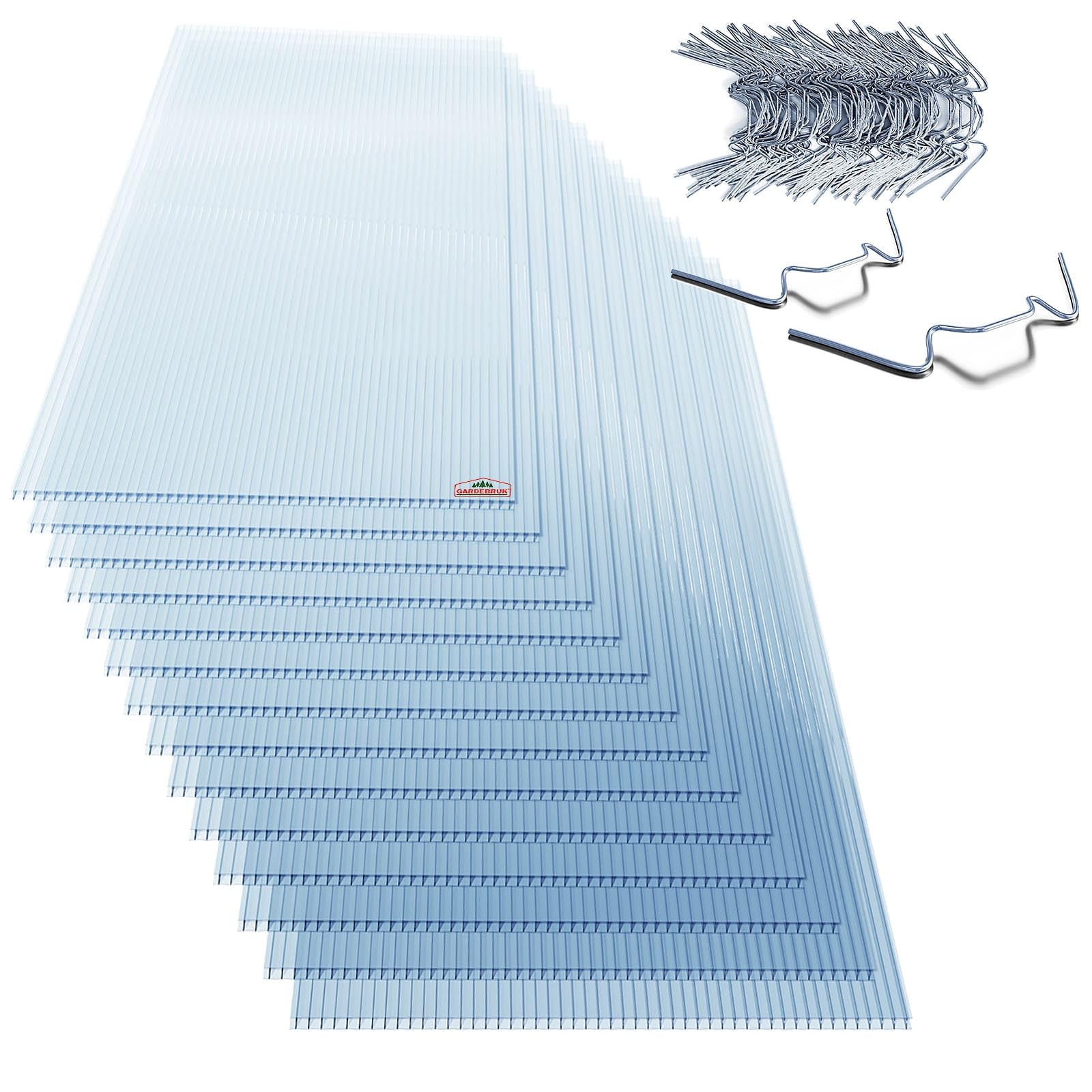 GARDEBRUK® 14x Polycarbonate Twin Wall Sheets | 50 Glazing Clips | 4mm | 10.25² | Double Wall Panels | 121x60.5cm | Wall Panel for Greenhouse, Garden Shed, Bike Shed | Plastic Sheeting Roofing Sheets — image 1