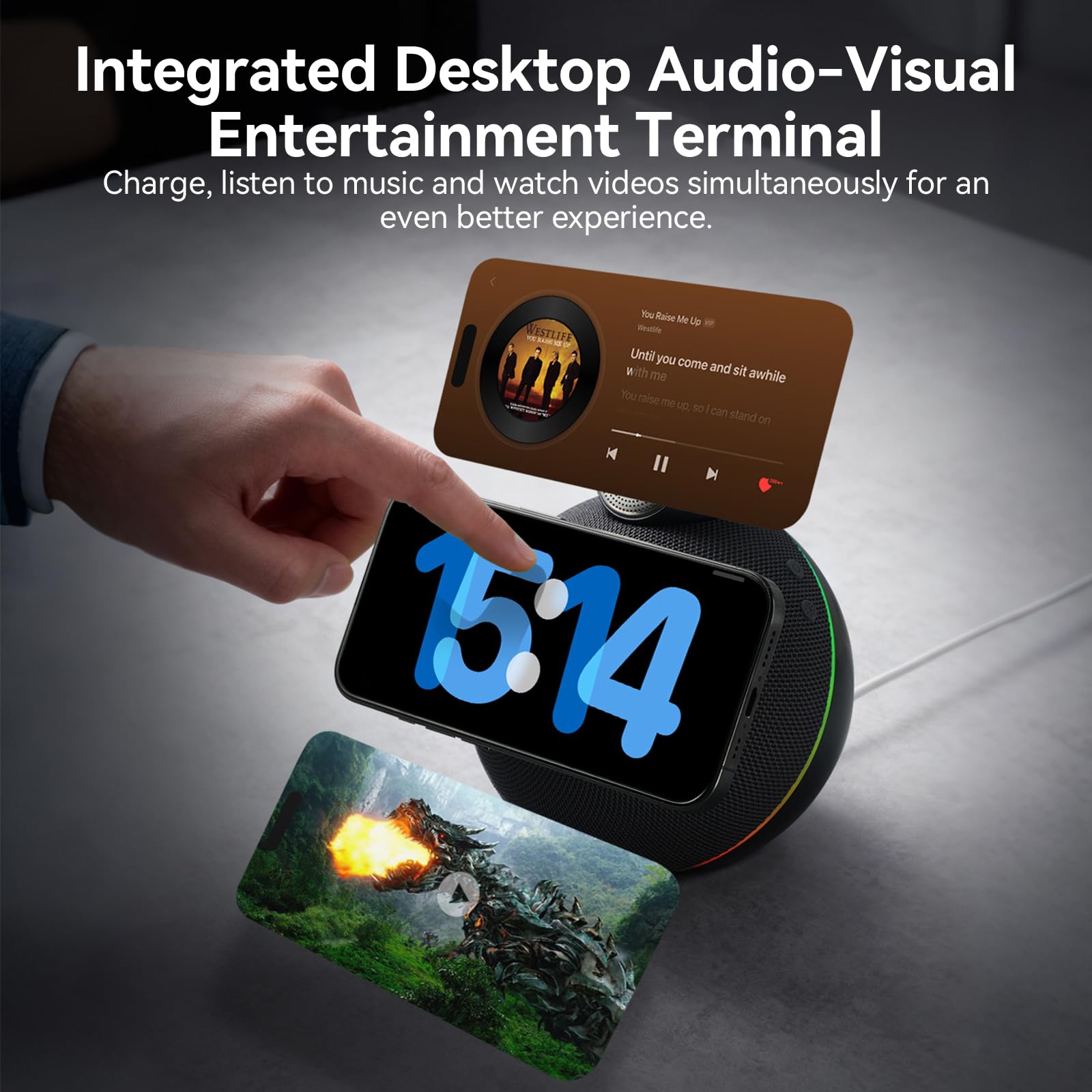 Caricatore e supporto 4 in 1, compatibile con Qi2, caricabatterie wireless magnetico da 25 W, con altoparlanti Hi-Fi Bluetooth e luci ambientali morbide, compatibile con iPhone 17/16/15, Apple Watch