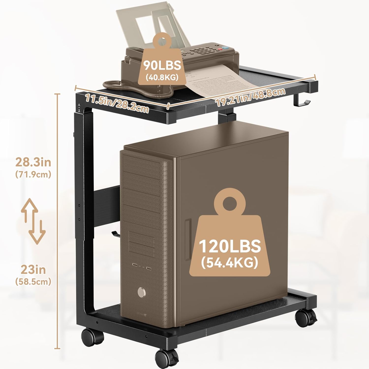 Computer Tower Stand - Height Adjustable PC Tower Stand CPU Holder Cart with Locking Wheels and 4 Hooks for Home Office, 23.03"-28.3" H, Black