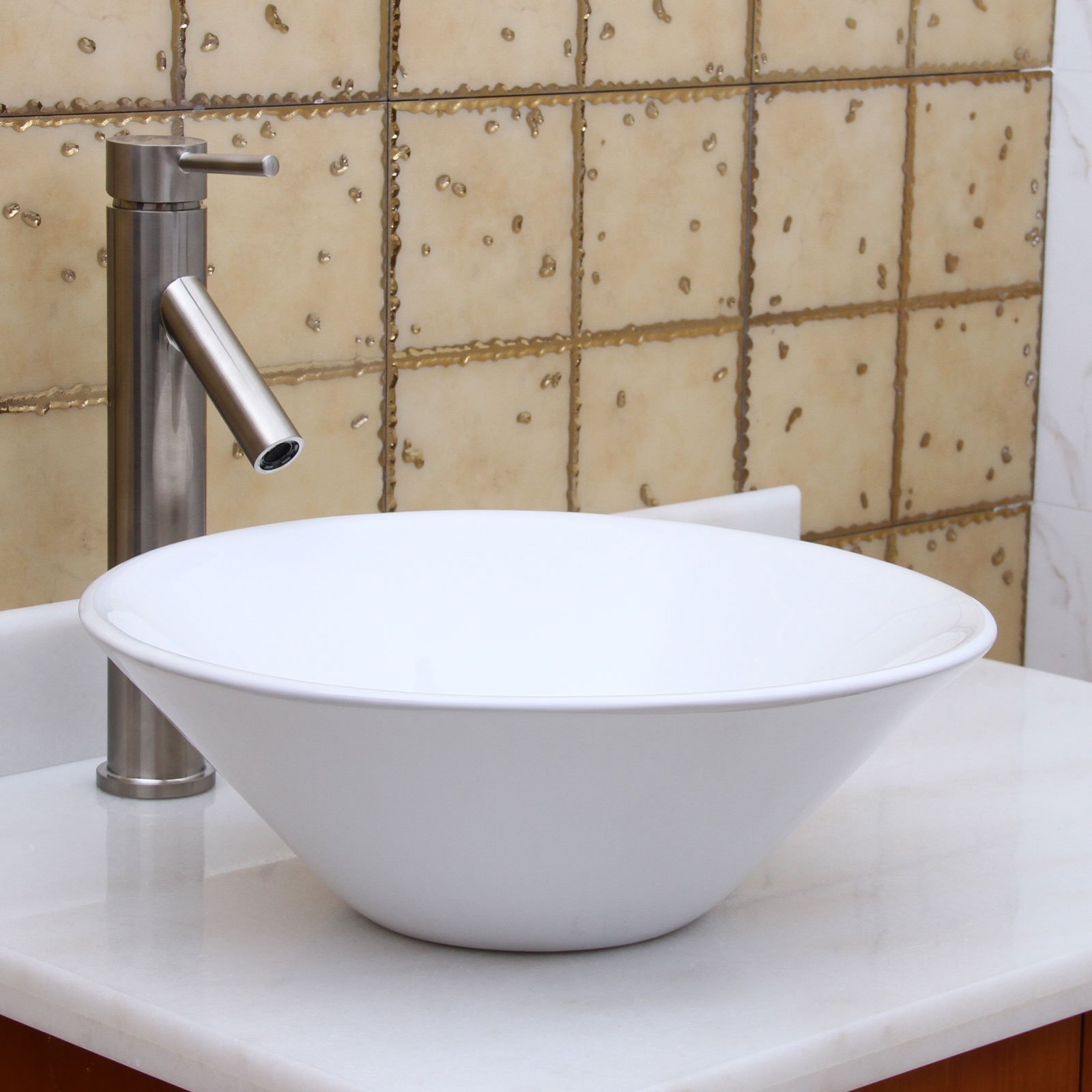 ELIMAX'SUnique Funnel Shape White Porcelain Ceramic Bathroom Vessel Sink & Brushed Nickel Finish Faucet Combo
