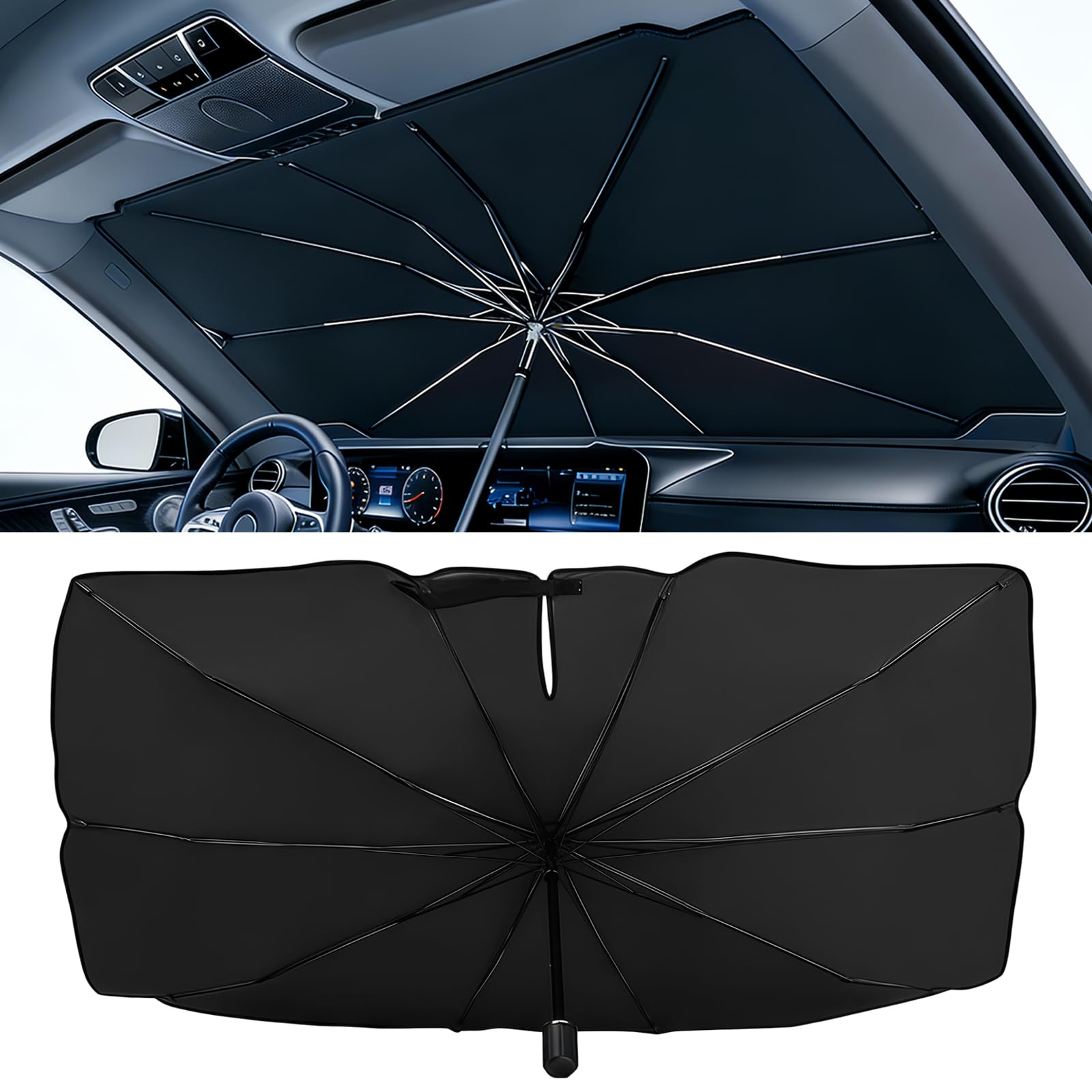 Photo 1 of Car Windshield Sun Shade Umbrella,52" x 28" Sun Visor for Car Windshield,Foldable UV Protector & Heat Block Reflector,Full-Coverage Front Window Sunshade Umbrella Shield for Outdoor & Daily Use (M)