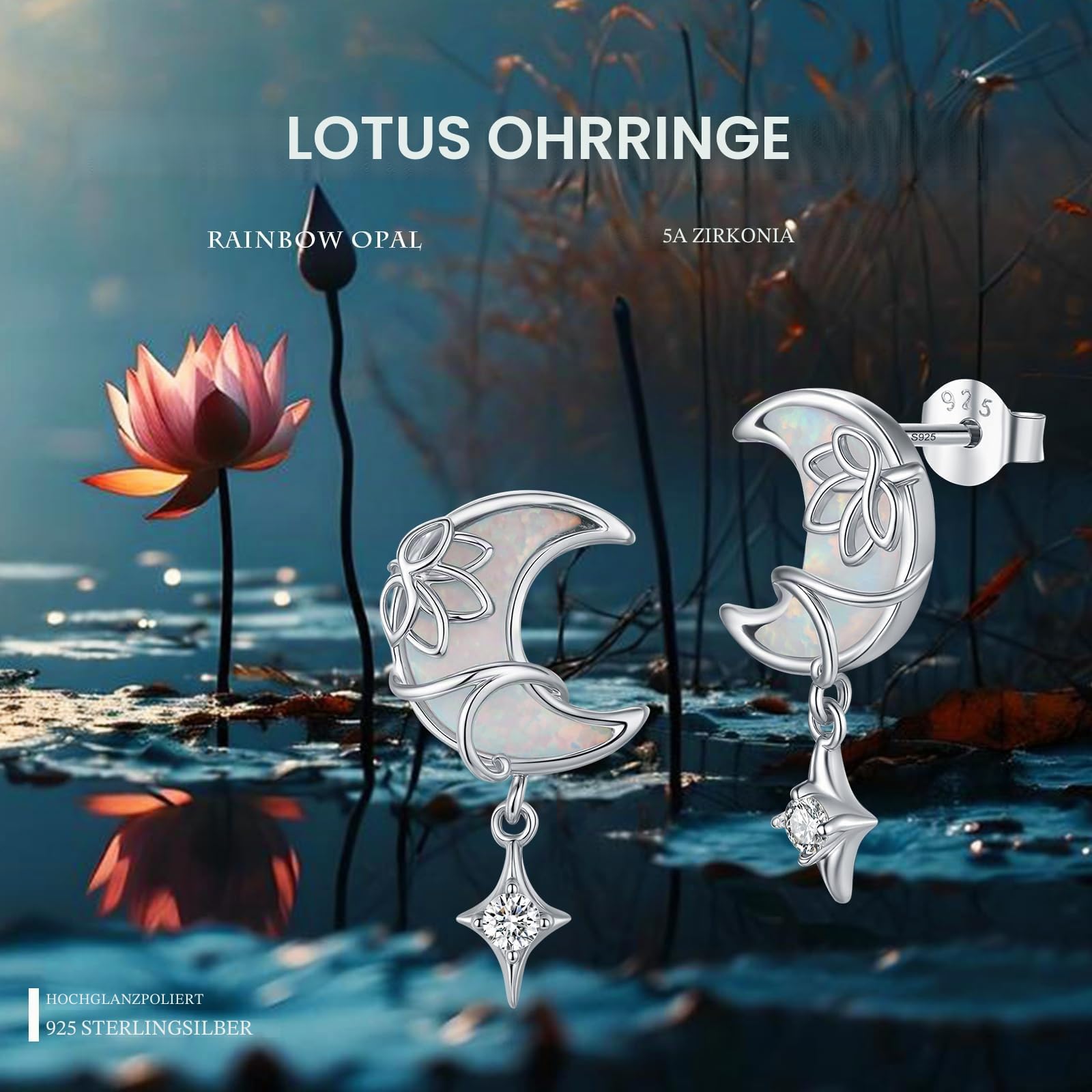 OHAYOO Opal Ohrringe 925 Sterling Silber Mond Lotus Ohrstecker Ohrringe Opal Blumen Mond Schmuck für Damen Mädchen