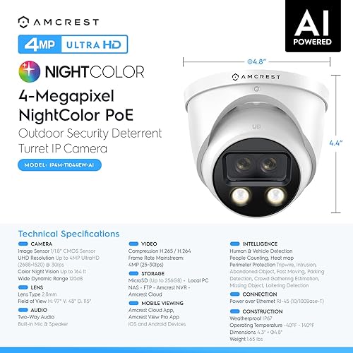 Miniatura 8 de Amcrest UltraHD 4MP AI Torreta de seguridad para exteriores PoE Cámara IP, 4MP 25fps, visión nocturna a color de 164 pies, detección de vehículos y