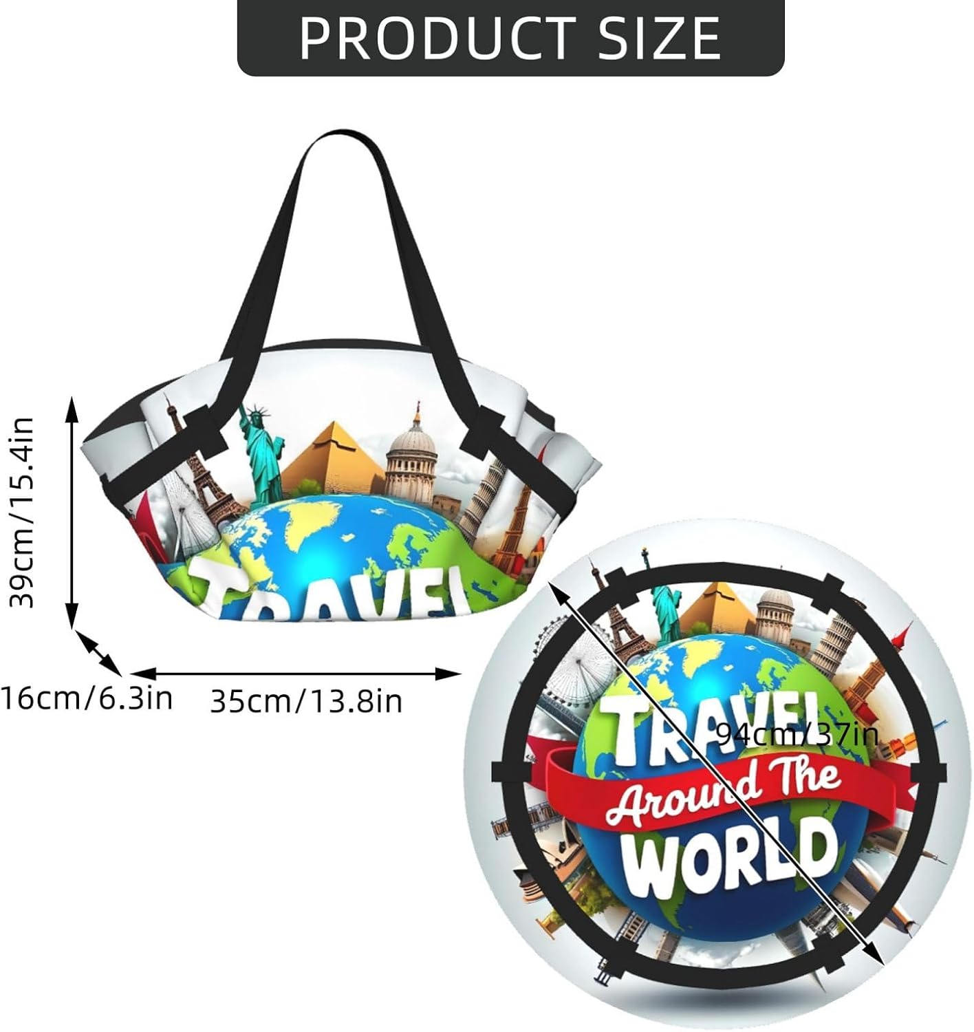 Travel Around The World Pattern Foldable Camping Tote Bag Picnic Blanket Bag Portable Beach Mat Tote Waterproof Outdoor Picnic Mat Carry Bag