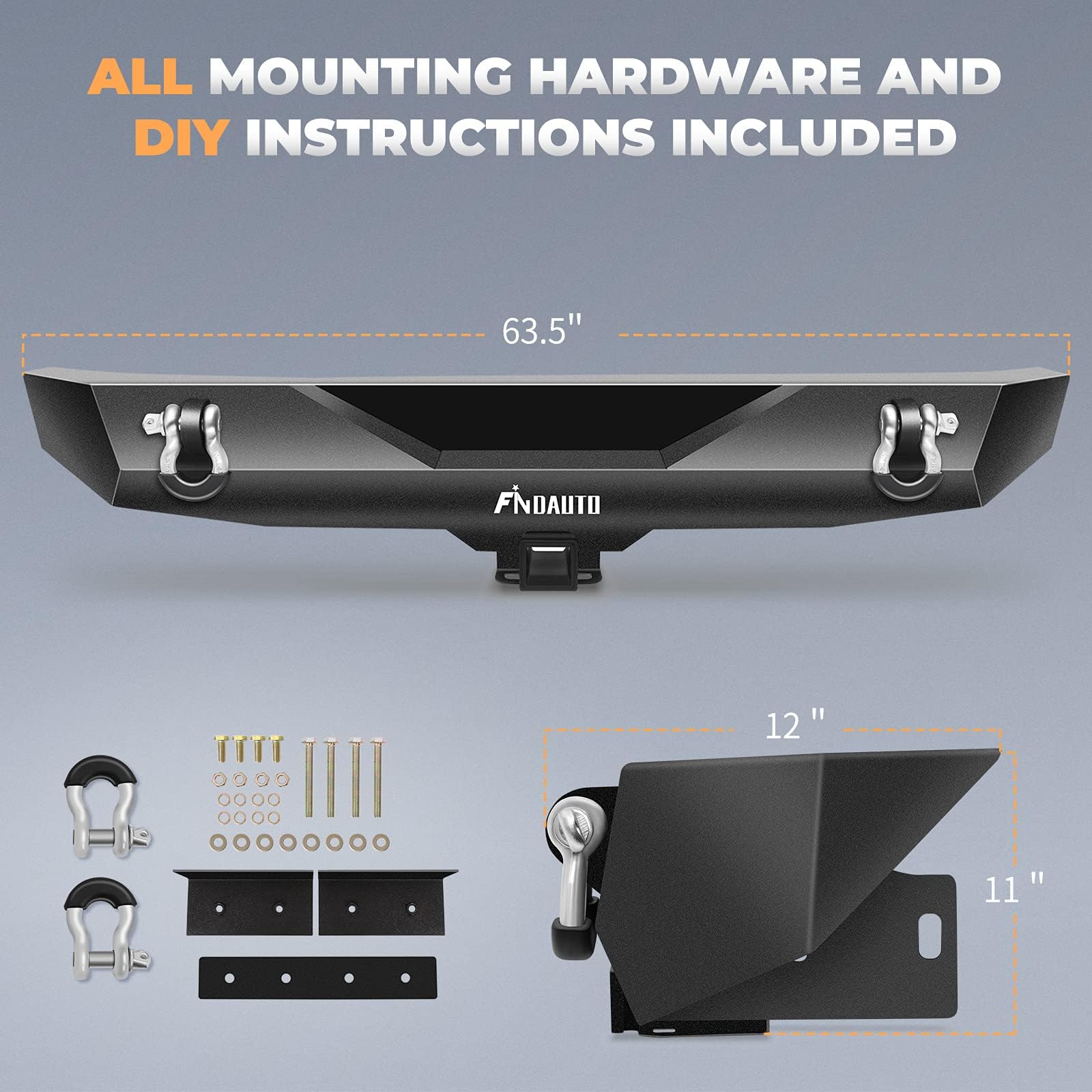 FINDAUTO Rear Bumper Fit for 2007-2018 for Jeep Wrangler JK Upgraded Textured Black Rock Crawler Bumper with D-ring and 2" Standard Receiver Hitch