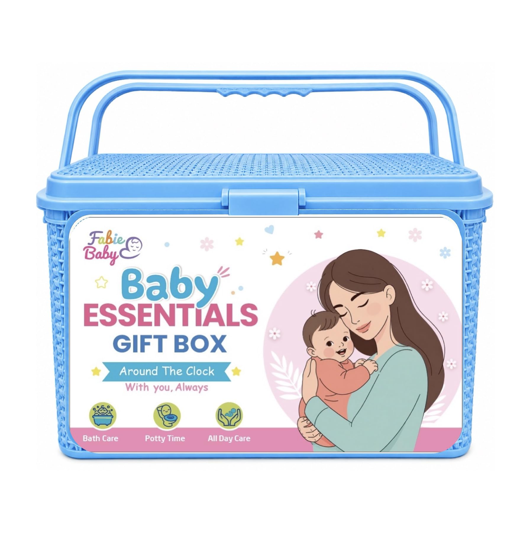 Fabie Baby Welcome Home Basket | Baby's First Playing 11 | Newborn Baby Gift Set | 10 Essential Baby Care Products + Reusable Basket + Baby On Board Sticker-image-0