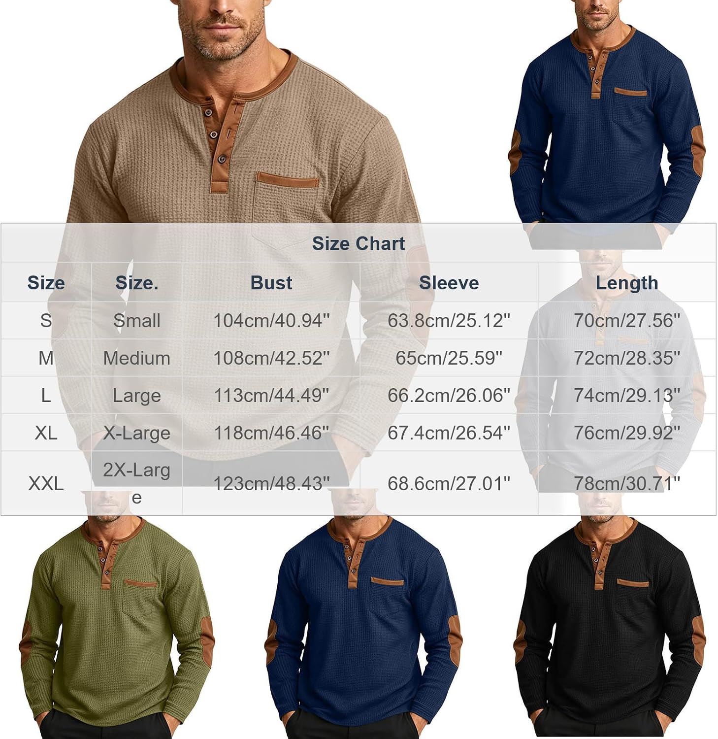 Men's Waffle Knit Henley Shirt Chest Pocket Long Sleeve Casual Top | Waffle Knit Henley Top With Button Placket, Chest Pocket, Elbow Patches, And Relaxed Daily Fit