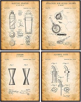 Bar Tools Patent Art Prints - Vintage Wall Art Poster Set - Unique Rustic Home and Kitchen Decor - Inexpensive Gift for Bartenders - 8x10 Photo Unframed