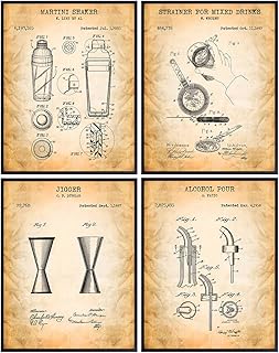 Bar Tools Patent Art Prints - Vintage Wall Art Poster Set - Unique Rustic Home and Kitchen Decor - Inexpensive Gift for Bartenders - 8x10 Photo Unframed
