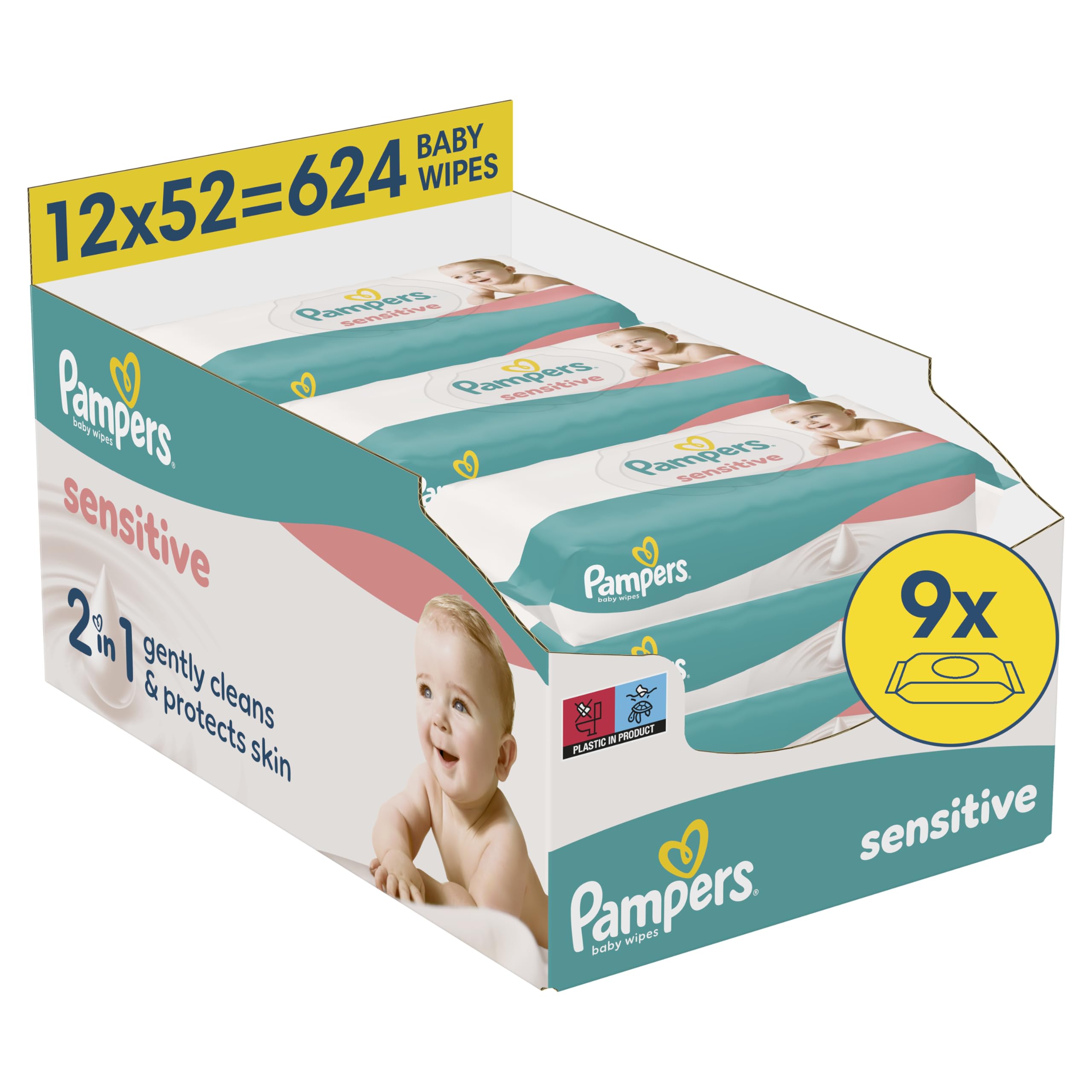 Pampers Toallitas húmedas para bebé, 9 paquetes de 80 unidades = 720 toallitas húmedas, 2 en 1, limpieza suave y protección de la piel