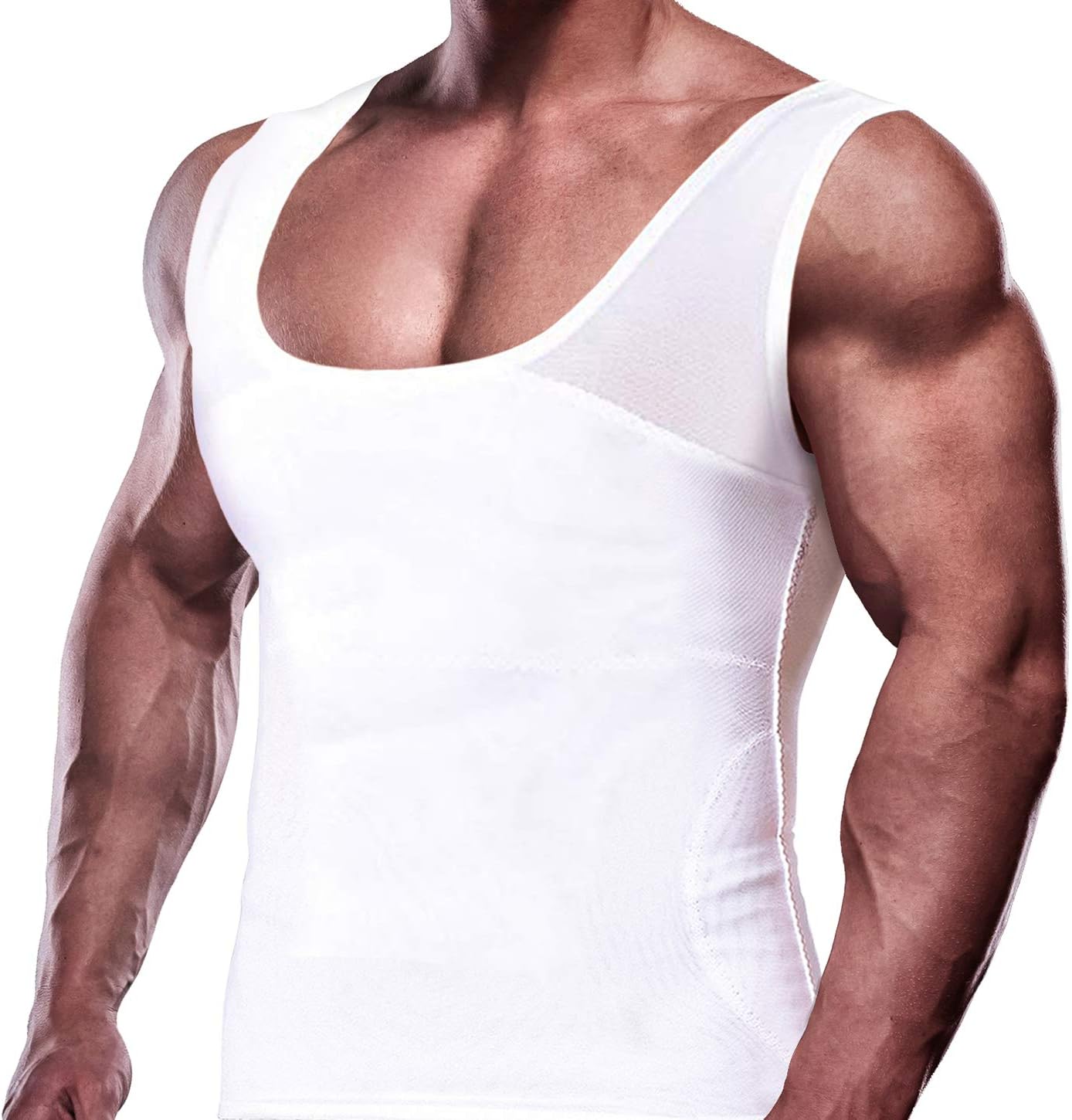 Mens Slimming Body Shaper Vest Chest Compression Shirt Abs Abdomen Slim Tank Top Undershirt, White-2XL