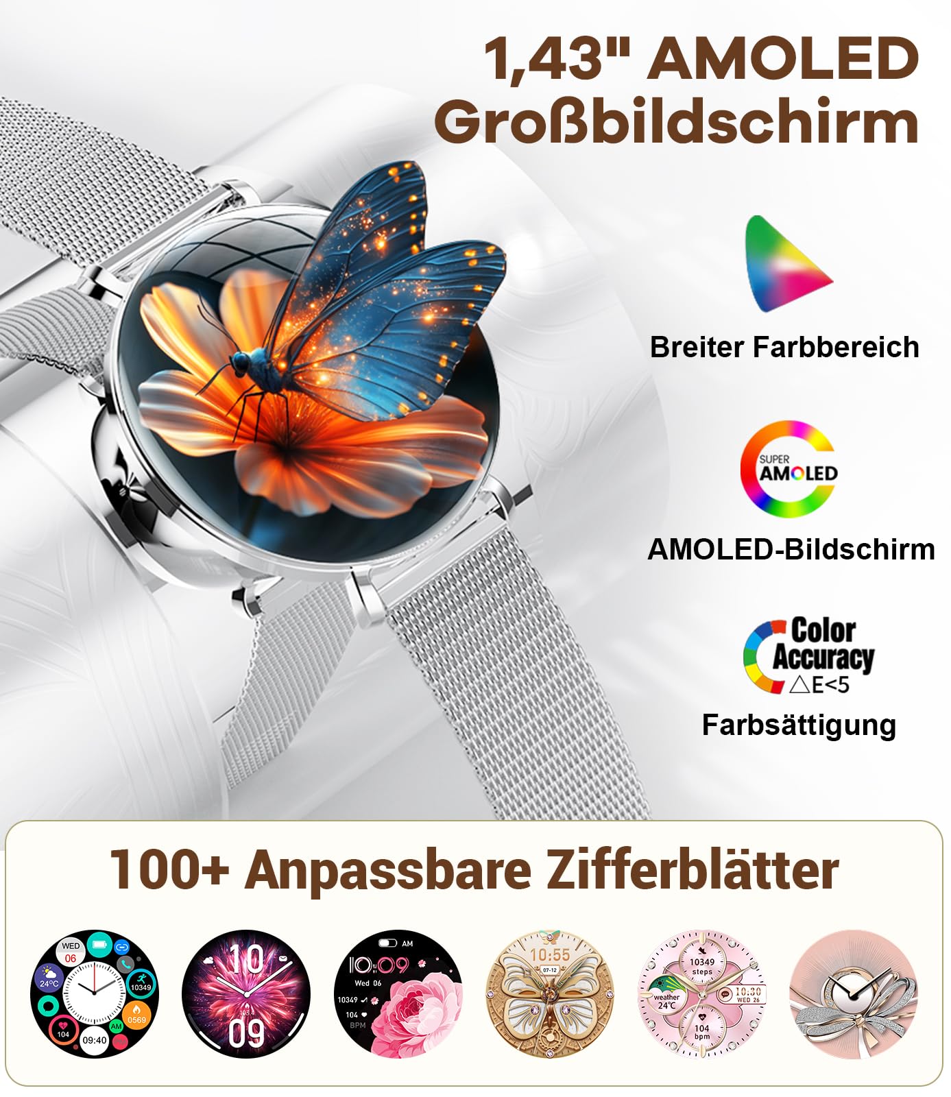 LIGE 2025 Smartwatch Donna, 1,43" HD AMOLED Orologio Fitness con Funzione Telefono, Ciclo Mestruale/Frequenza Cardiaca, IP68 Impermeabile, 120+ Modalità Sportive, Orologio sportivo per Andriod iOS
