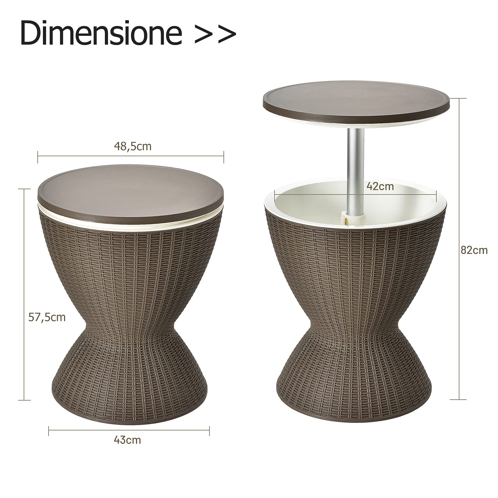 GOPLUS 30 L Portaghiaccio in Rattan, Tavolino Bar per Festa Estiva, Cool Birra/Bevande, Centro Regolabile da 57,5-82 cm, Contenitore di Ghiaccio, Ideale per Campeggio, Piscina Esterna(Marrone)